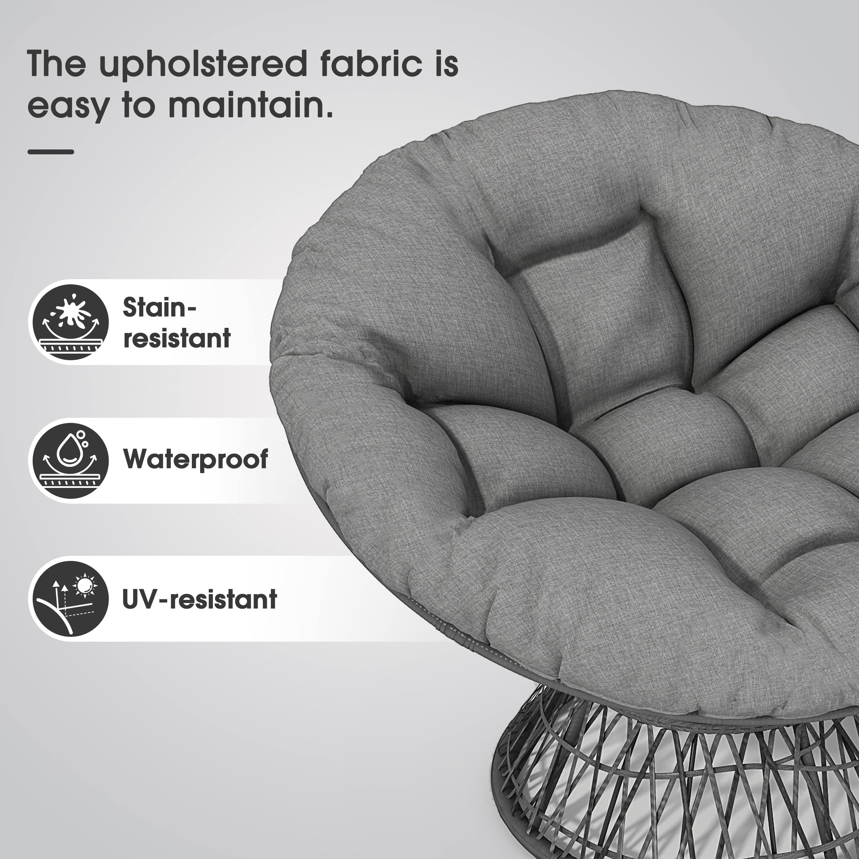 The upholstered fabric is easy to maintain.

- Stain-resistant
- Waterproof
- UV-resistant