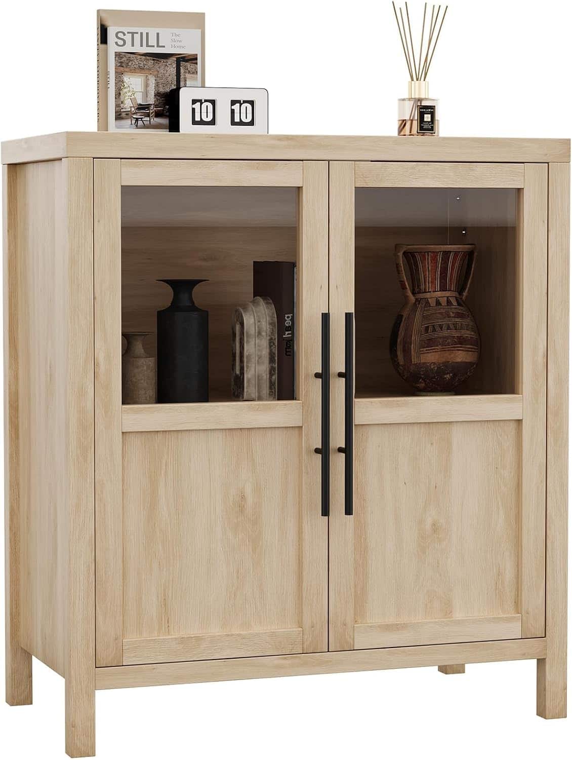 Jojoka - Sideboard Buffet Cabinet with Two Glass Doors Compact Modern Farmhouse Storage Natural - Off-white