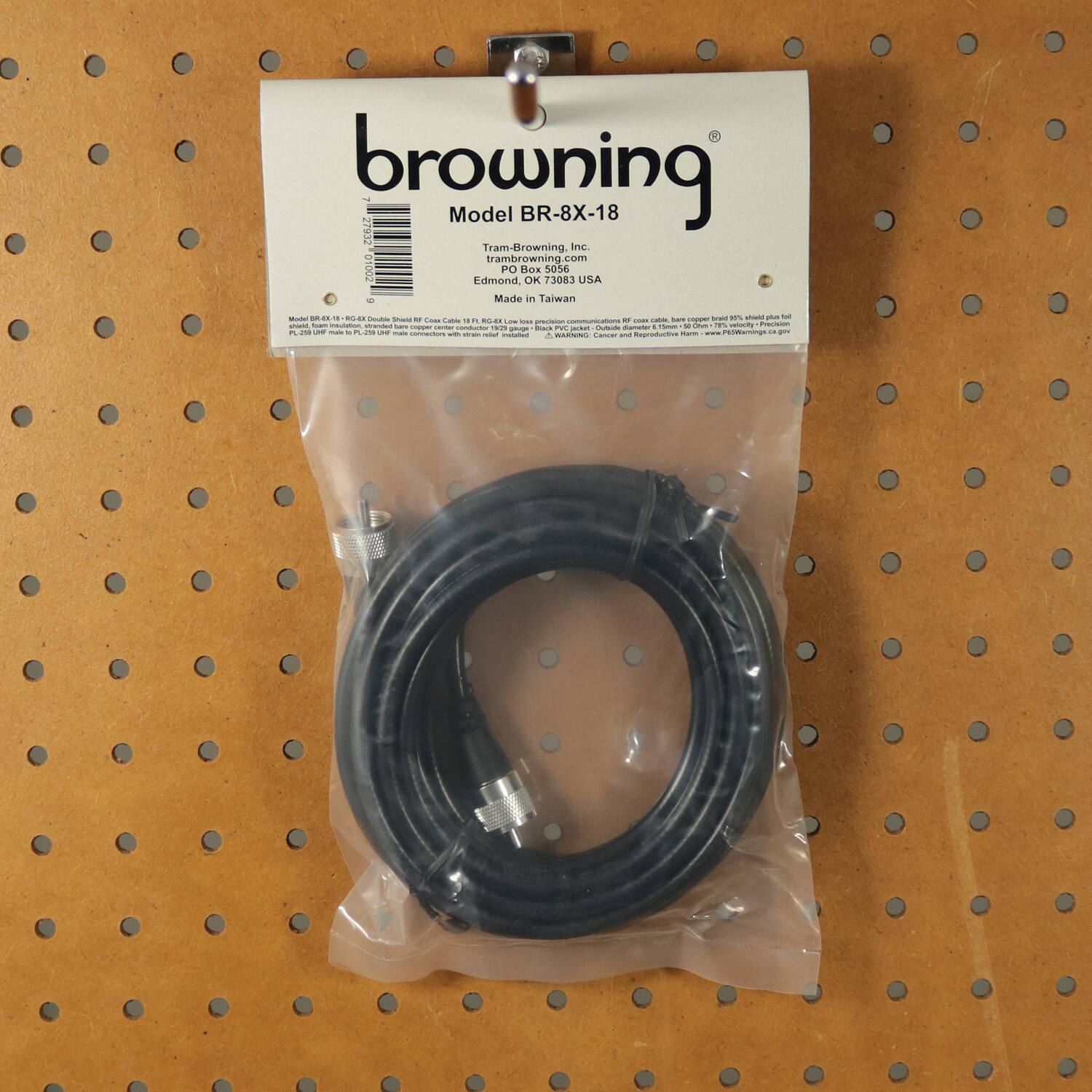 browning  
Model BR-8X-18  
Tram-Browning, Inc.  
trambrowning.com  
Edmond, OK 73034 USA  
Made in Taiwan  

Model BR-8X-18  
RGX-8X Double Shield RF Coax Cable  
18 Gauge, Copper Braided Shield  
Made in Taiwan  

PL-259 Male to PL-259 Male  
UL Listed  
Connector with 1/4" Female BNC  
Adapter - Blaupunkt