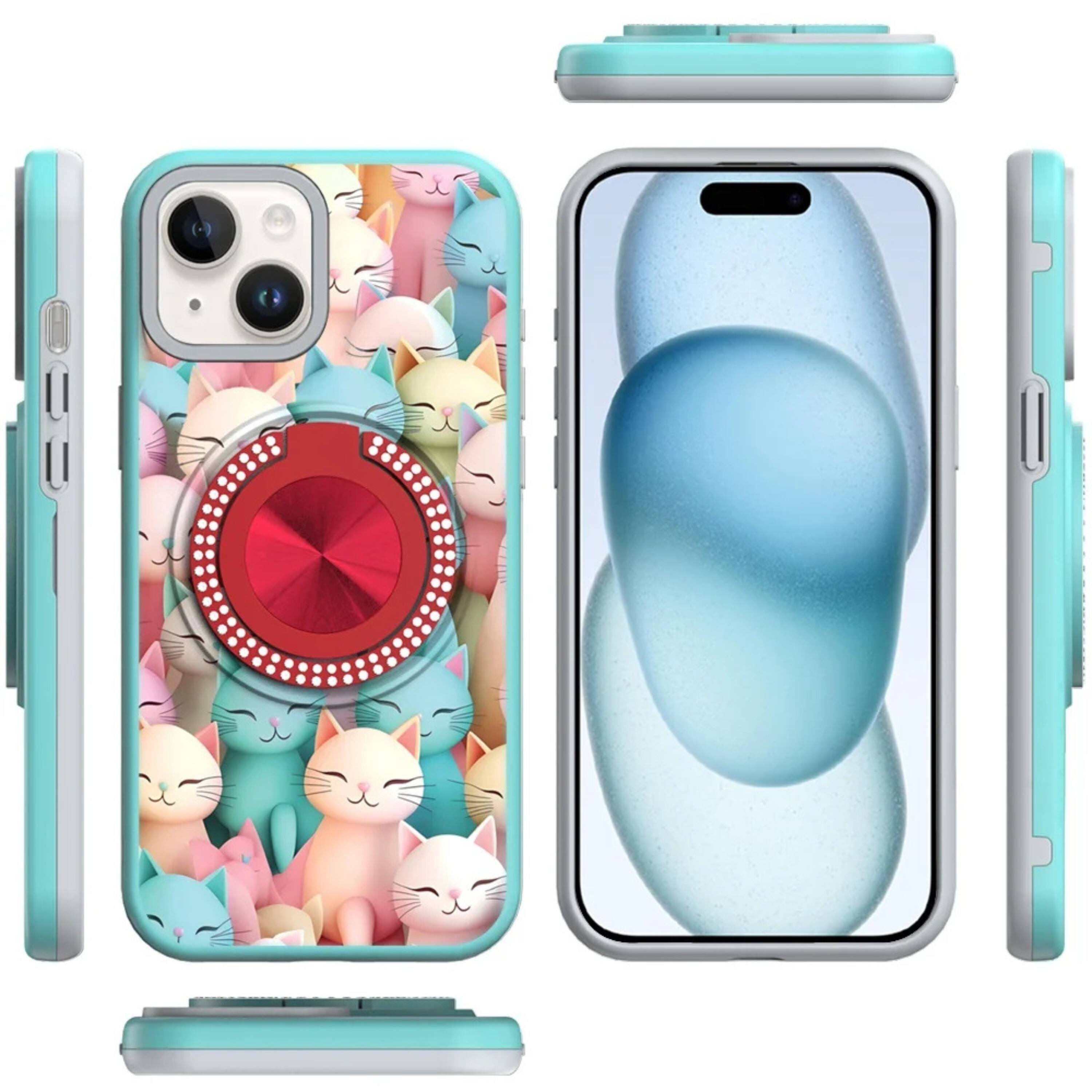 Angle. Kitcheniva - Printed Bling 360 Rotating Ring Stand Phone Case With 2 Tempered Glass For iPhone 15 Cats - Cats.