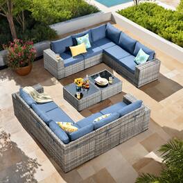 Ovios - 12 PCS Outdoor Patio Furniture Rattan Sectional Sofa with Coffee Table for Backyard - Denim Blue