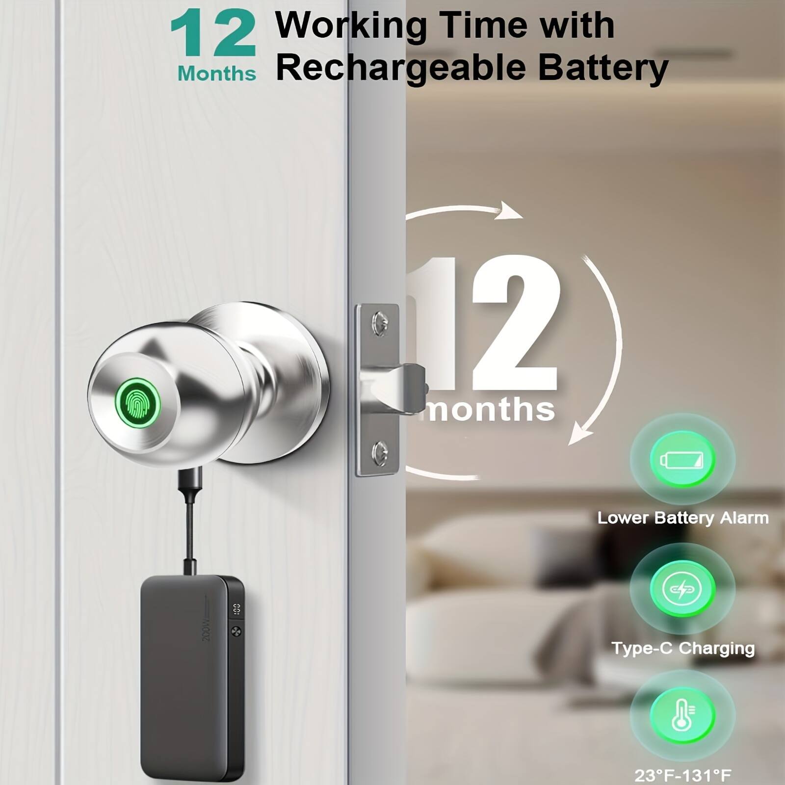 12 Months Working Time with Rechargeable Battery

12 months

Lower Battery Alarm

Type-C Charging

23°F-131°F