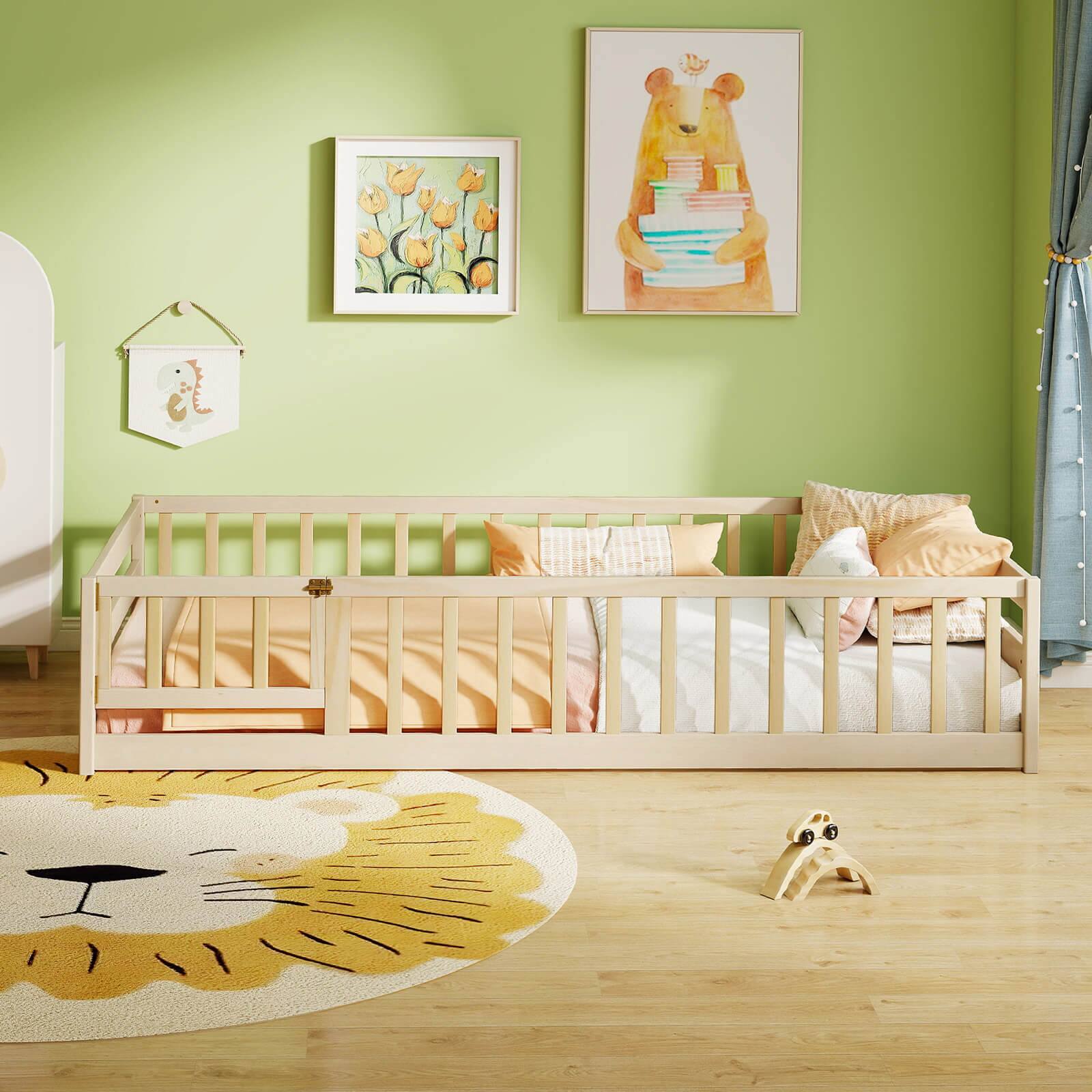 Alt View 4. Costway - Costway Twin Size Floor Bed with Door & Fence with Safety Guardrails & Slats Support - Beige.