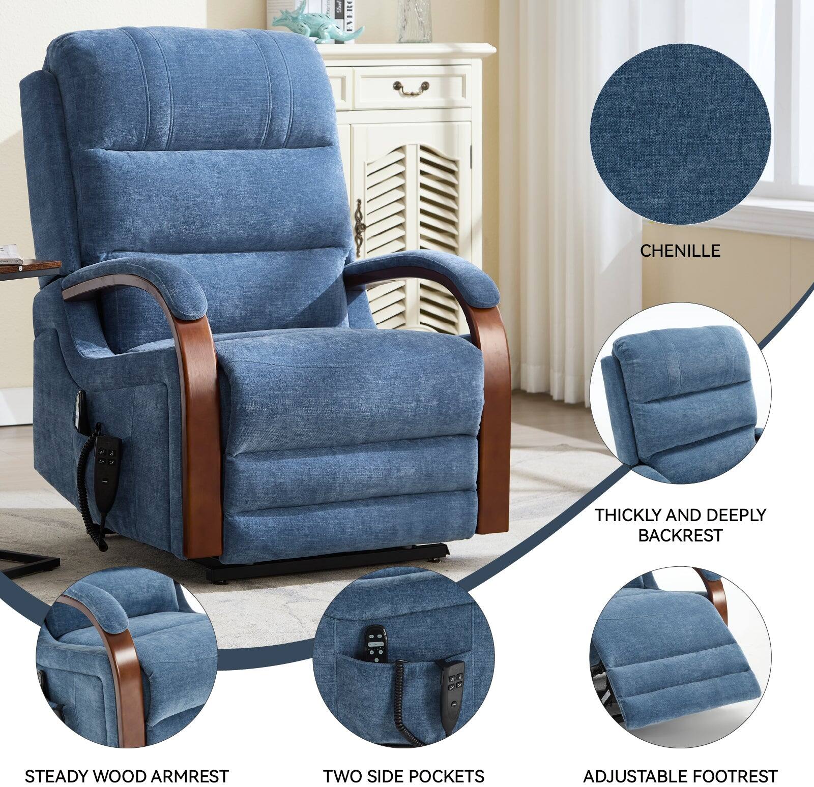 - Chenille
- Thickly and Deeply Backrest
- Steady Wood Armrest
- Two Side Pockets
- Adjustable Footrest