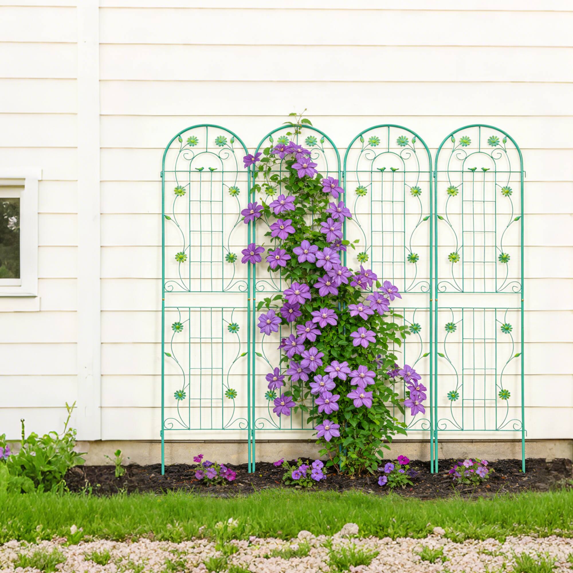 Front. Loheer - 4 Pack 7.2 ft x 1.6 ft Metal Garden Trellis for Climbing Plants - Green.