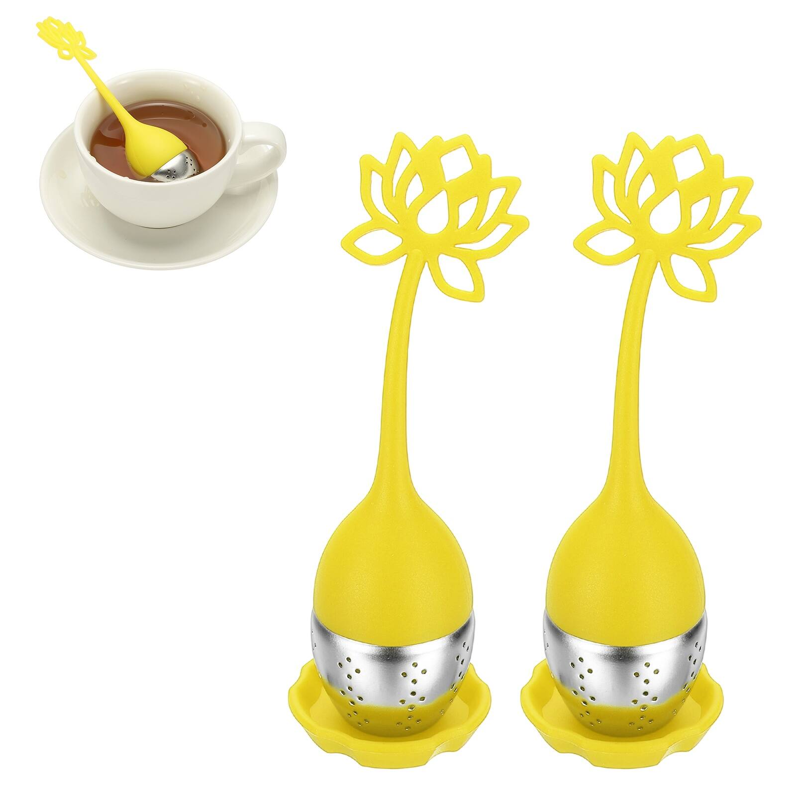 Front. Unique Bargains - 2pcs Lotus Tea Infuser, Stainless Steel Loose-Leaf Steeper w/ Silicone Handle, Reusable Coarse Mesh for Teacups Teapots - Yellow.
