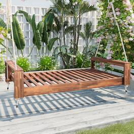 GOODSILO - Twin Size Porch Swing Bed - Acacia Wood Swing Frame with Hemp Ropes for Garden & Backyard - Natural