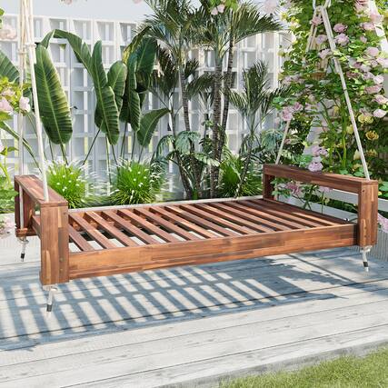 Front. APRILSOUL - Twin Size Porch Swing Bed Seating Group with Hemp Ropes for Garden Backyard Natural - Brown.