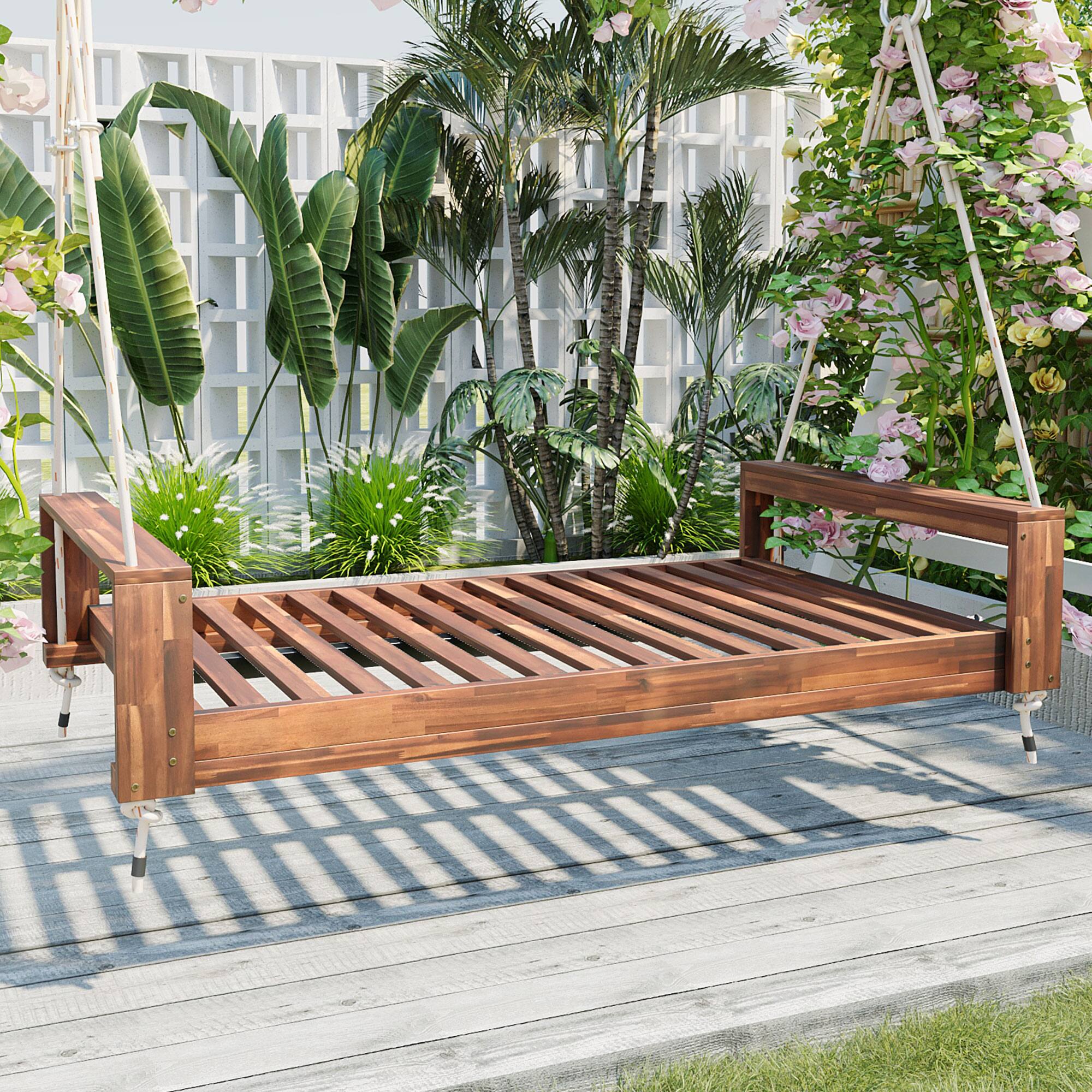 Front. APRILSOUL - Twin Size Porch Swing Bed Seating Group with Hemp Ropes for Garden Backyard Natural - Brown.