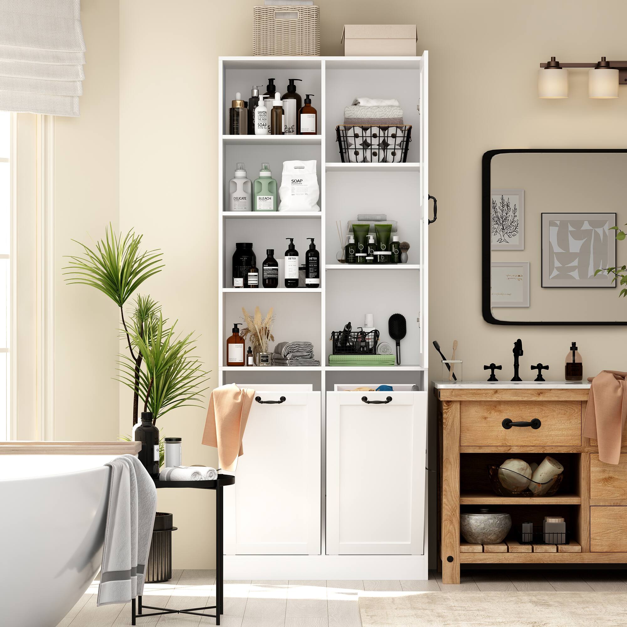 Front. Famapy - Bathroom Storage Cabinet with Laundry Hamper, Multi-Tier Organizer Shelf for Towels, Toiletries, Laundry Room - White.