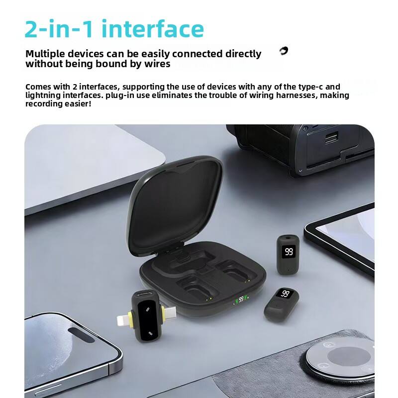 2-in-1 interface  
Multiple devices can be easily connected directly without being bound by wires  

Comes with 2 interfaces, supporting the use of devices with any of the type-c and lightning interfaces. Plug-in use eliminates the trouble of wiring harnesses, making recording easier!
