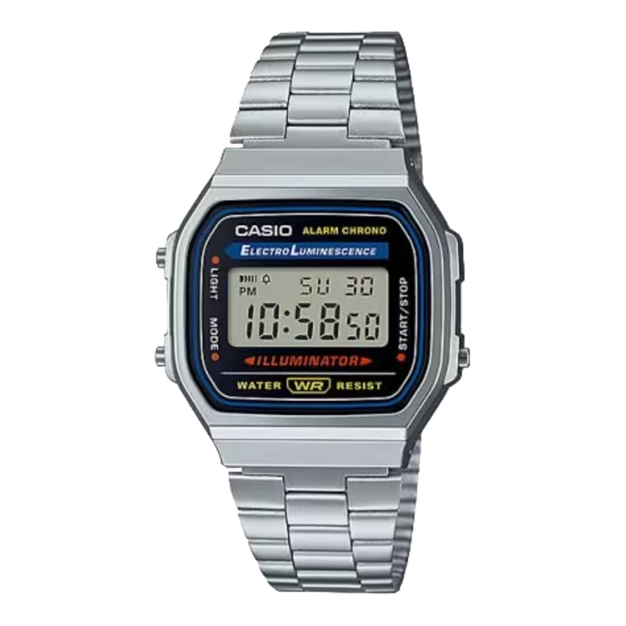 CASIO ALARM CHRONO ELECTRO LUMINESCENCE D1 LIGHT PM SU 30 MODE 10:58 50 START/STOP ILLUMINATOR WATER WR RESIST