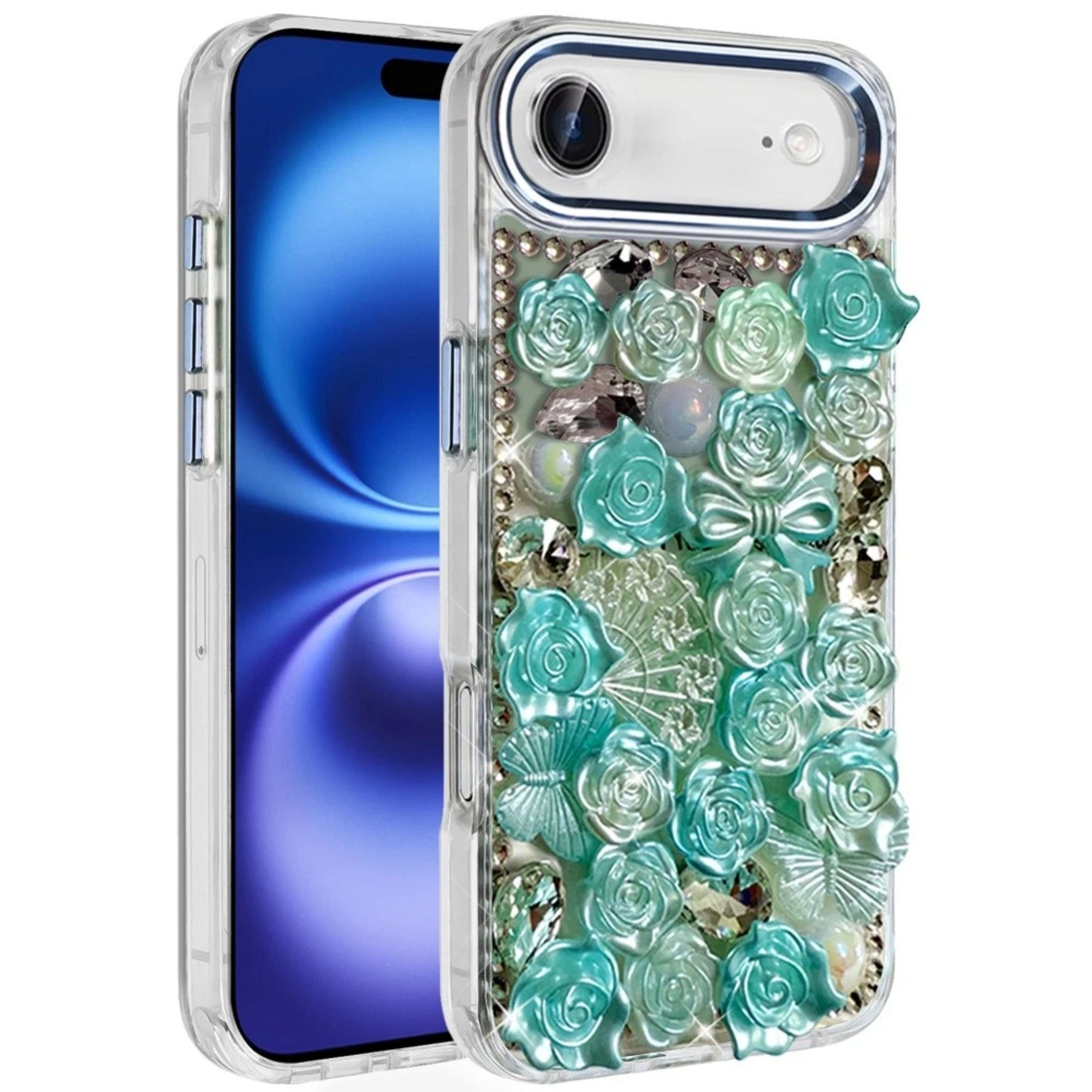 Kitcheniva - Elegant Floral Rhinestone Cover With Tempered Glass For iPhone Air - Blue