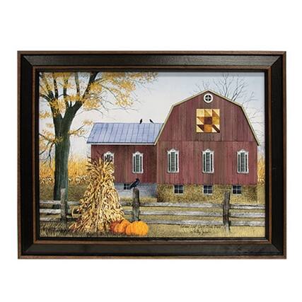 Front. BreeBe - Autumn Leaf Quilt Block Barn Framed Print 16x12 - Multicolor.