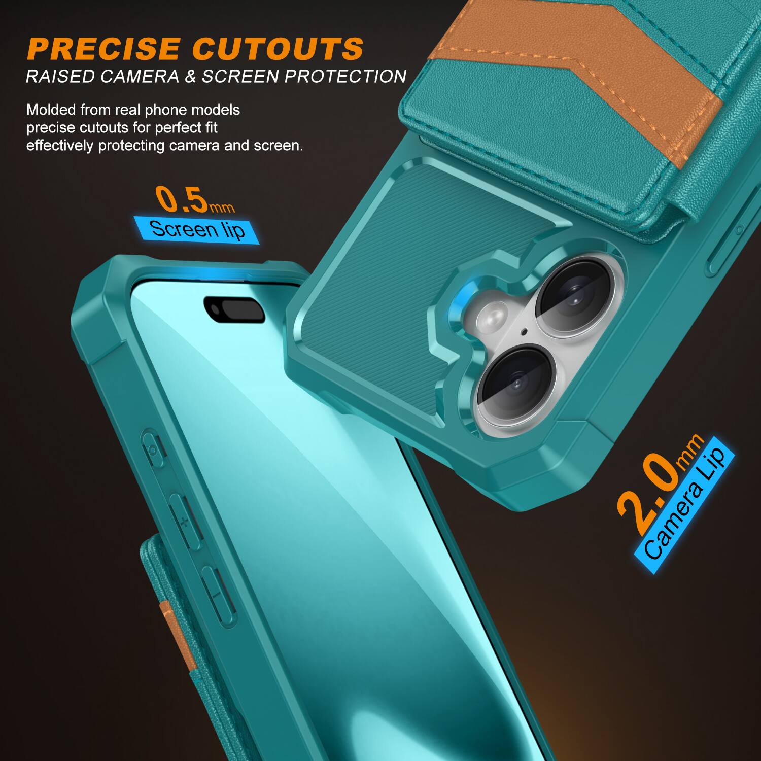 PRECISE CUTOUTS  
RAISED CAMERA & SCREEN PROTECTION  

Molded from real phone models, precise cutouts for perfect fit, effectively protecting camera and screen.  

0.5mm Screen lip  
2.0mm Camera Lip