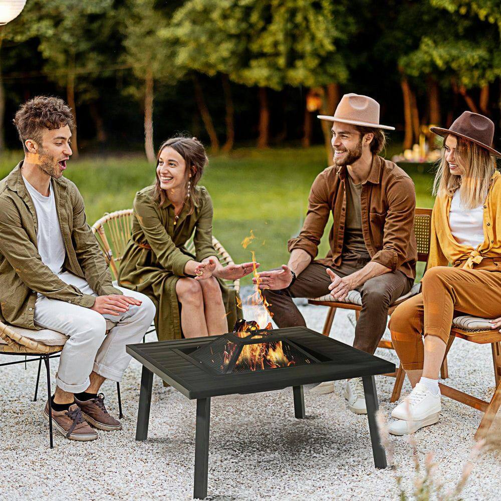 Front. Resenkos - 34" Metal Wood Burning Fire Pit with Grill, Includes Spark Screen, Poker, Cover and Table Lip, Black.