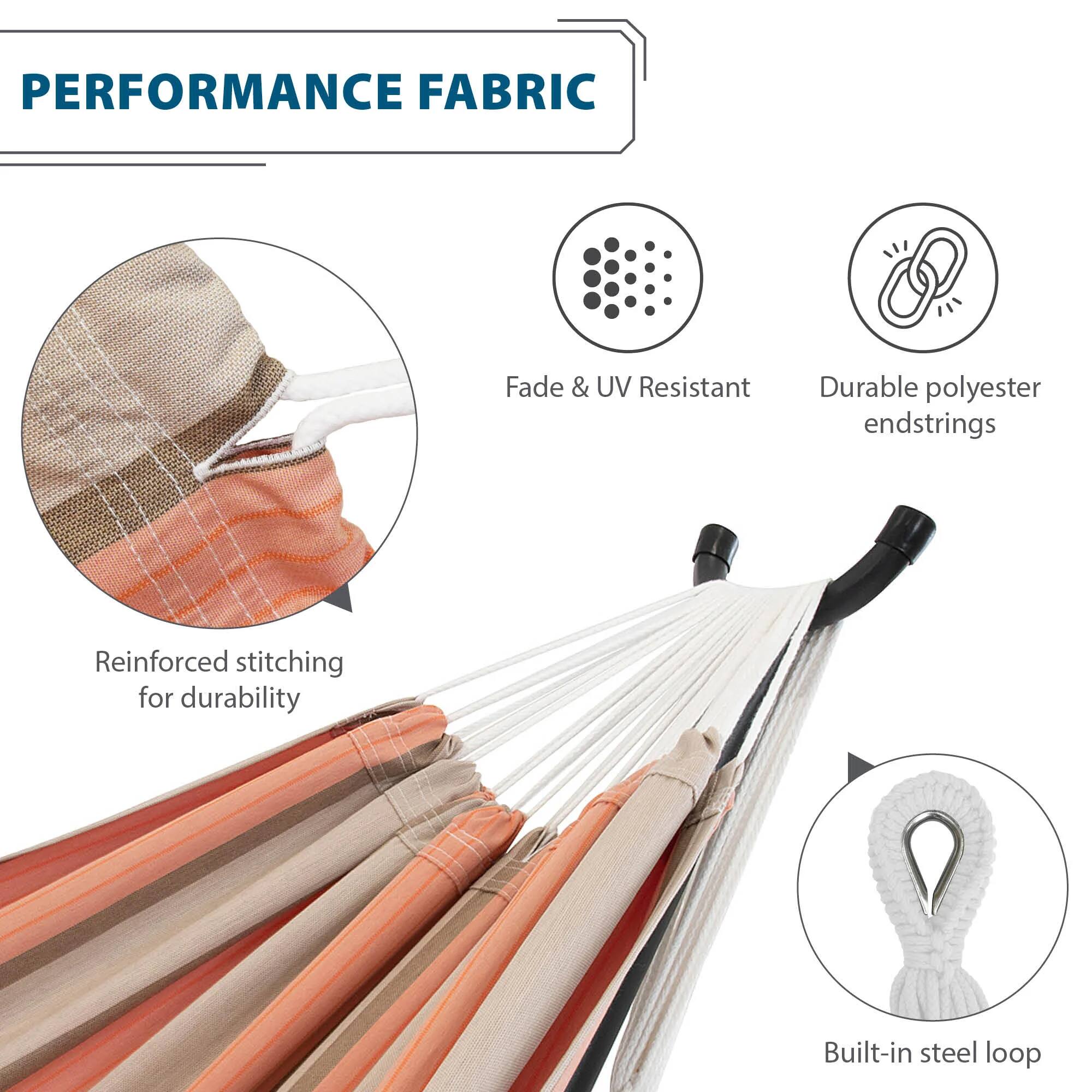 PERFORMANCE FABRIC

- Fade & UV Resistant
- Durable polyester endstrings
- Reinforced stitching for durability
- Built-in steel loop