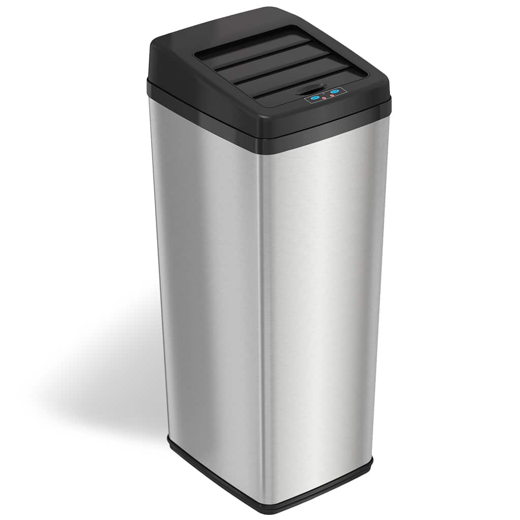 Angle. iTouchless - 14 Gallon Sliding Lid Sensor Trash Can with AbsorbX Odor Control System, Automatic Kitchen Bin - Stainless Steel.