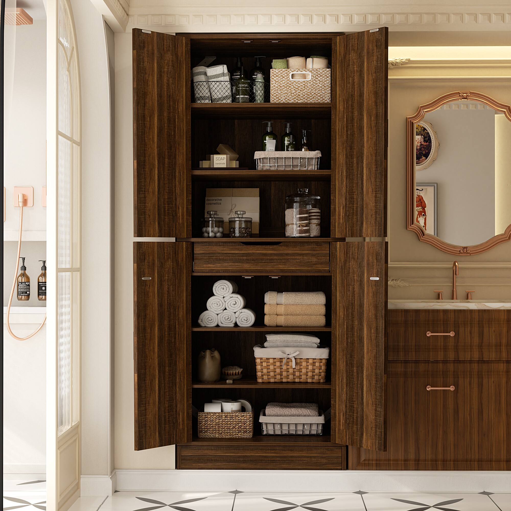 Alt View 3. Aheaplus - 71'' Tall Farmhouse Bathroom Storage Cabinet, 7-Tier Linen Cabinet with Drawer & Adjustable Shelves - Retro Brown.
