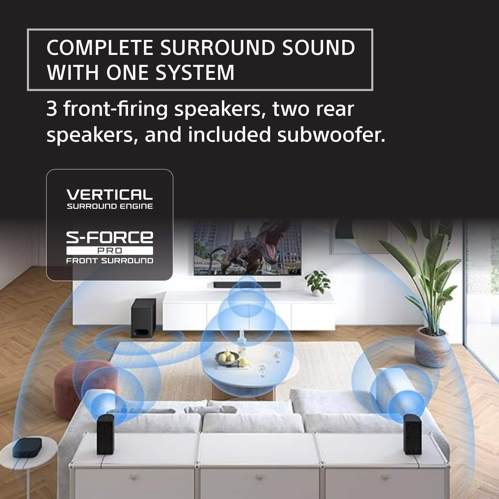 Complete Surround Sound with One System: 3 front-firing speakers, 2 rear speakers, and included subwoofer. Vertical Surround Engine S-Force Pro Front Surround.