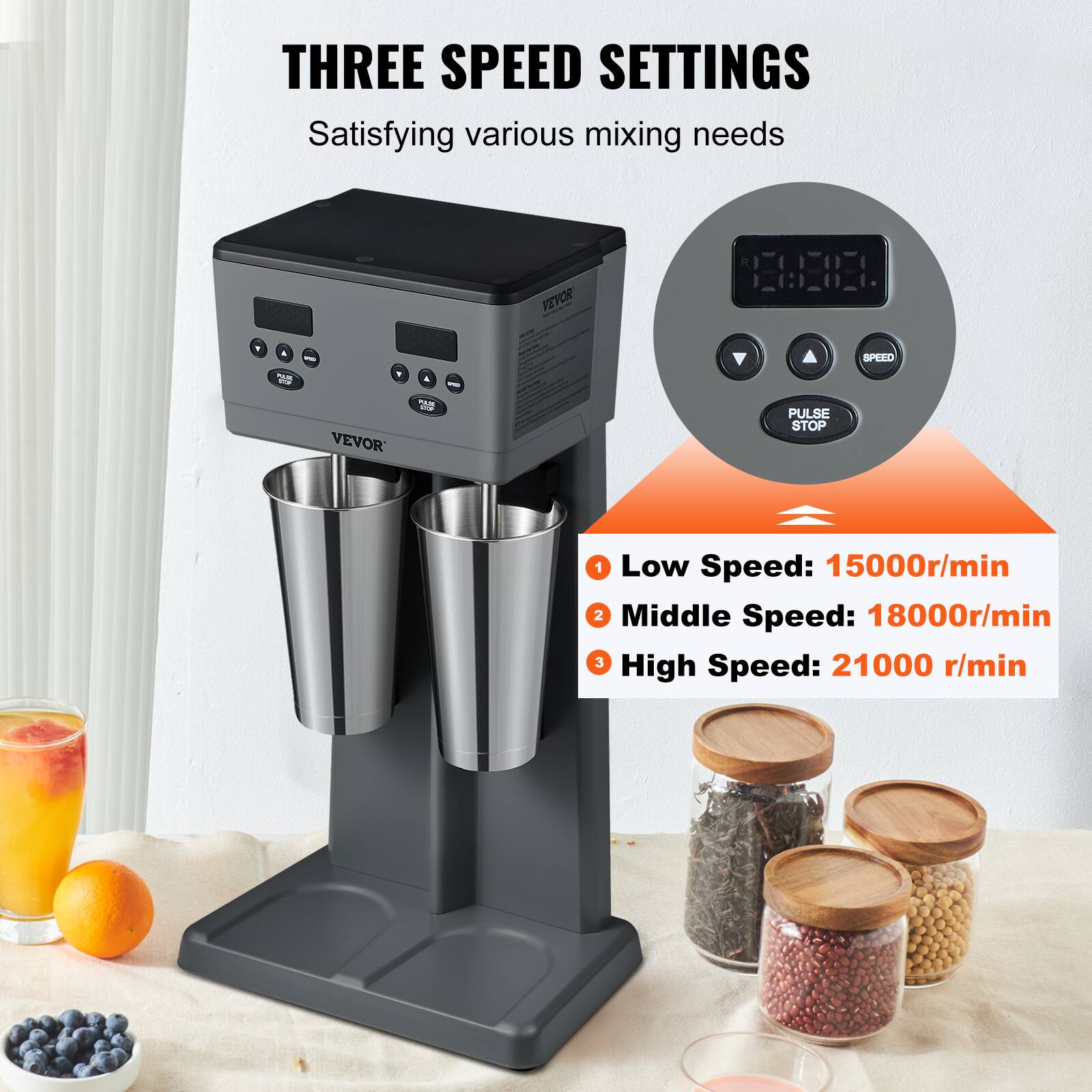 THREE SPEED SETTINGS  
Satisfying various mixing needs

VEVOR

SPEED

PULSE STOP

1 Low Speed: 15000r/min  
2 Middle Speed: 18000r/min  
3 High Speed: 21000 r/min