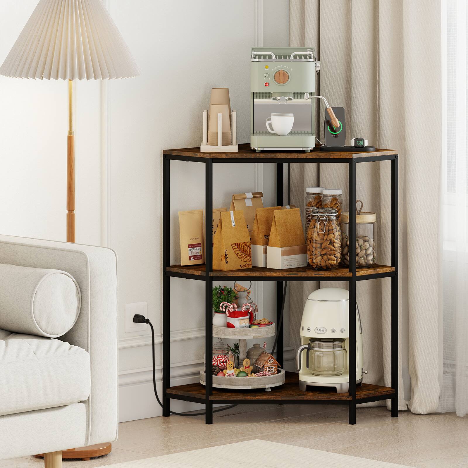 Alt View 1. Gymax - Gymax 3-Tier Corner Printer Stand w/Charging Station & Metal Frame for Living Room - Black.