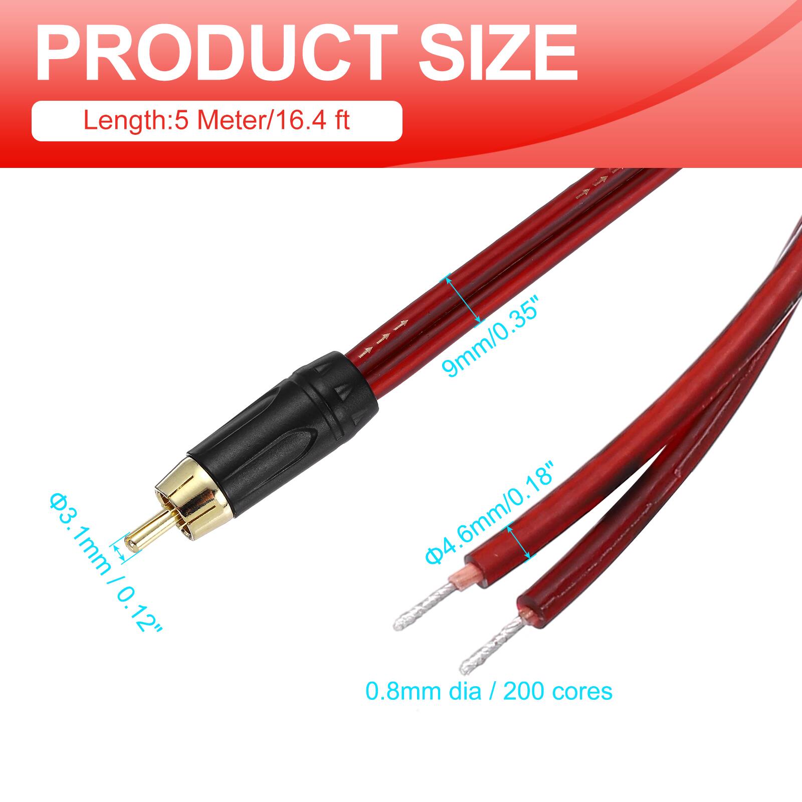 PRODUCT SIZE  
Length: 5 Meter/16.4 ft  

- 3.1mm / 0.12"  
- 9mm/0.35"  
- 4.6mm/0.18"  
- 0.8mm dia / 200 cores
