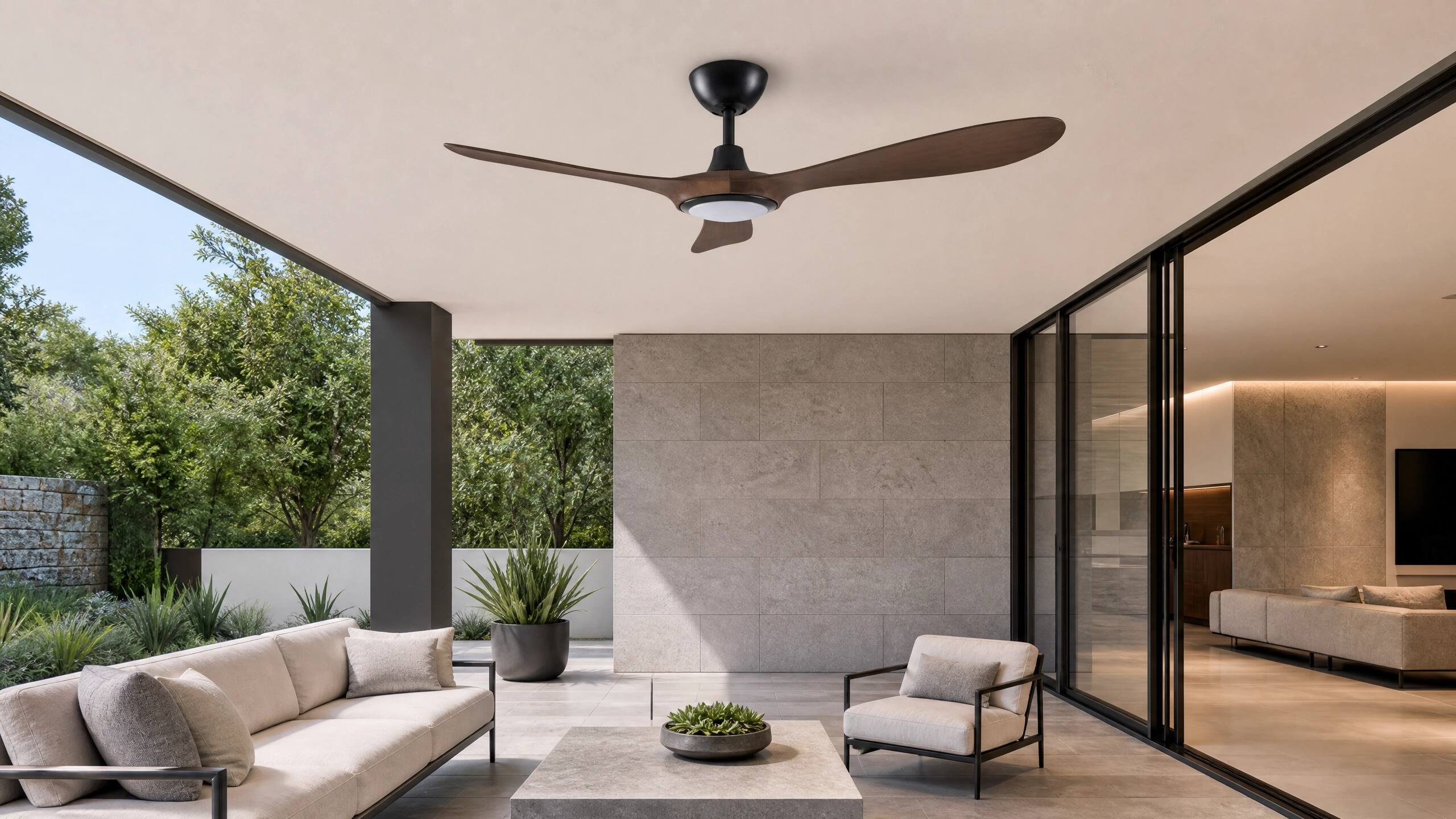Alt View 2. ENLIGHT - 60" Smart Ceiling Fan, IP66 Outdoor/Coastal, CCT & Dimmable LED, Durable, Efficient + Quiet DC Motor, Matter, 3 Blades - Walnut Woodgrain.