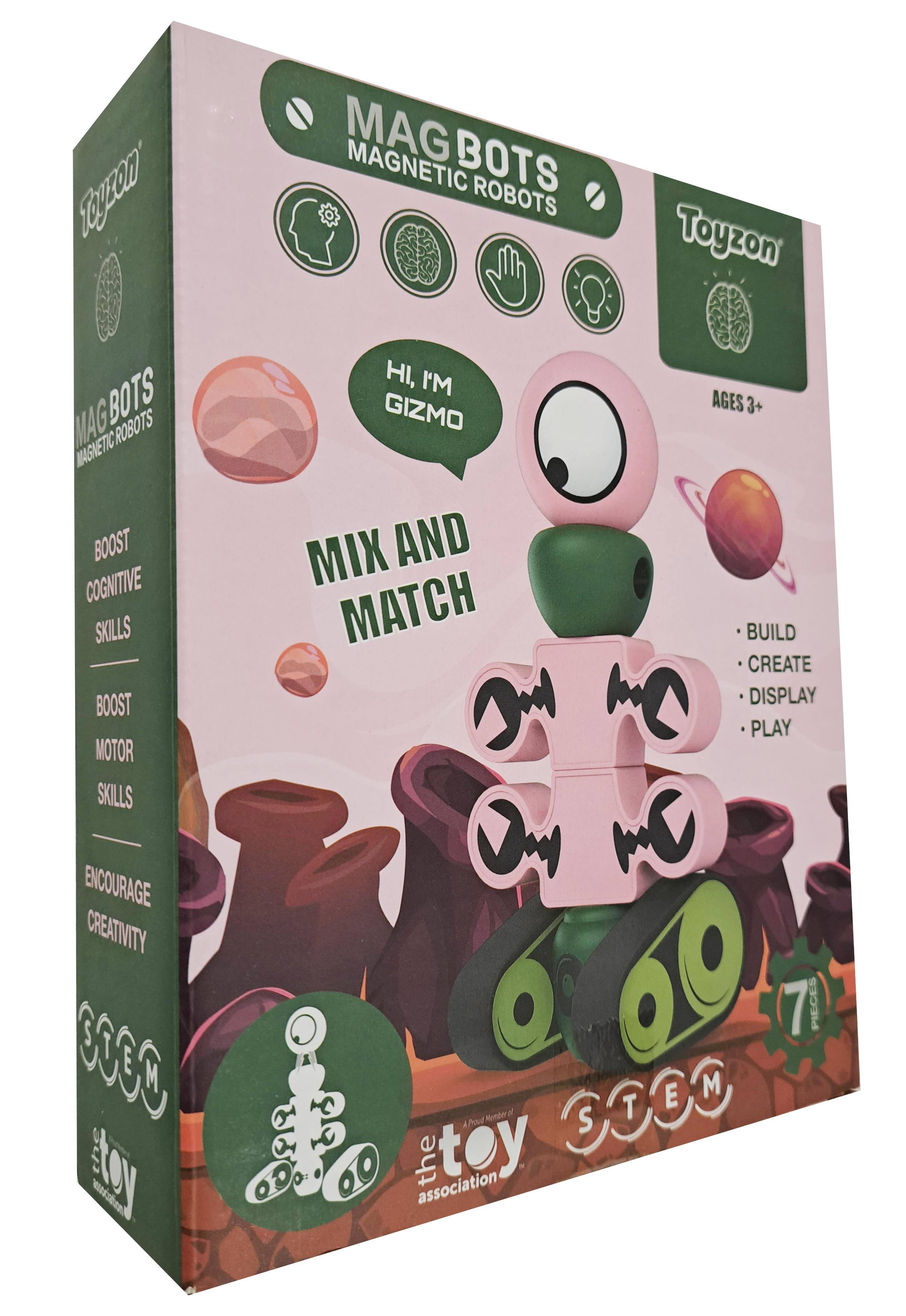 fogzon MAG MAGNETIC BOTS ROBOTS  
Toyzon MAG BOTS ROBOTS  
BOOST COGNITIVE SKILLS  
BOOST MOTOR SKILLS  
ENCOURAGE CREATIVITY  
HI, I'M GIZMO  
AGES 3+  
MIX AND MATCH  
BUILD CREATE DISPLAY PLAY  
7 PIECES  
STEM  
the toy association