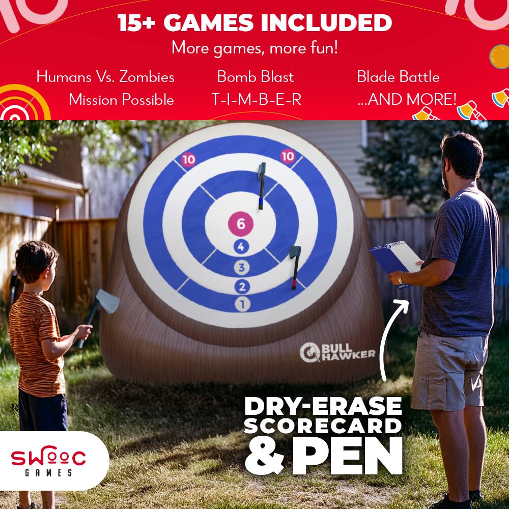 15+ GAMES INCLUDED  
More games, more fun!  
Humans Vs. Zombies  
Mission Possible  
Bomb Blast  
T-I-M-B-E-R  
Blade Battle  
...AND MORE!  

DRY-ERASE SCORECARD & PEN  

SWOOC GAMES