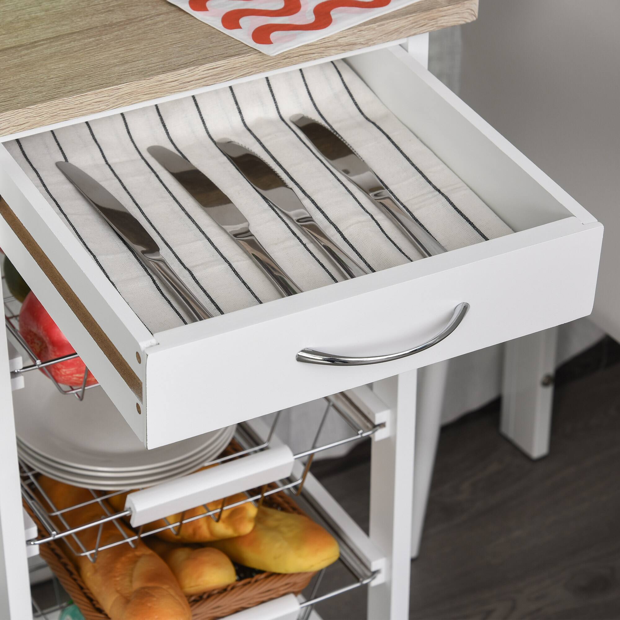 Alt View 7. Homcom - Mobile Kitchen Cart, Rolling Kitchen Island with Storage, Solid Wood Frame Cart with Wire Fruit Baskets and Drawer - White.