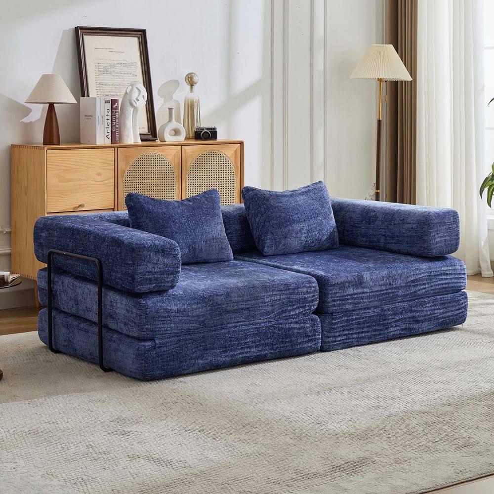 Resenkos - Convertible Compression Sofa, Fixed-Frame Floor Bed with Boneless Chenille Sectional, Dark Blue - Blue