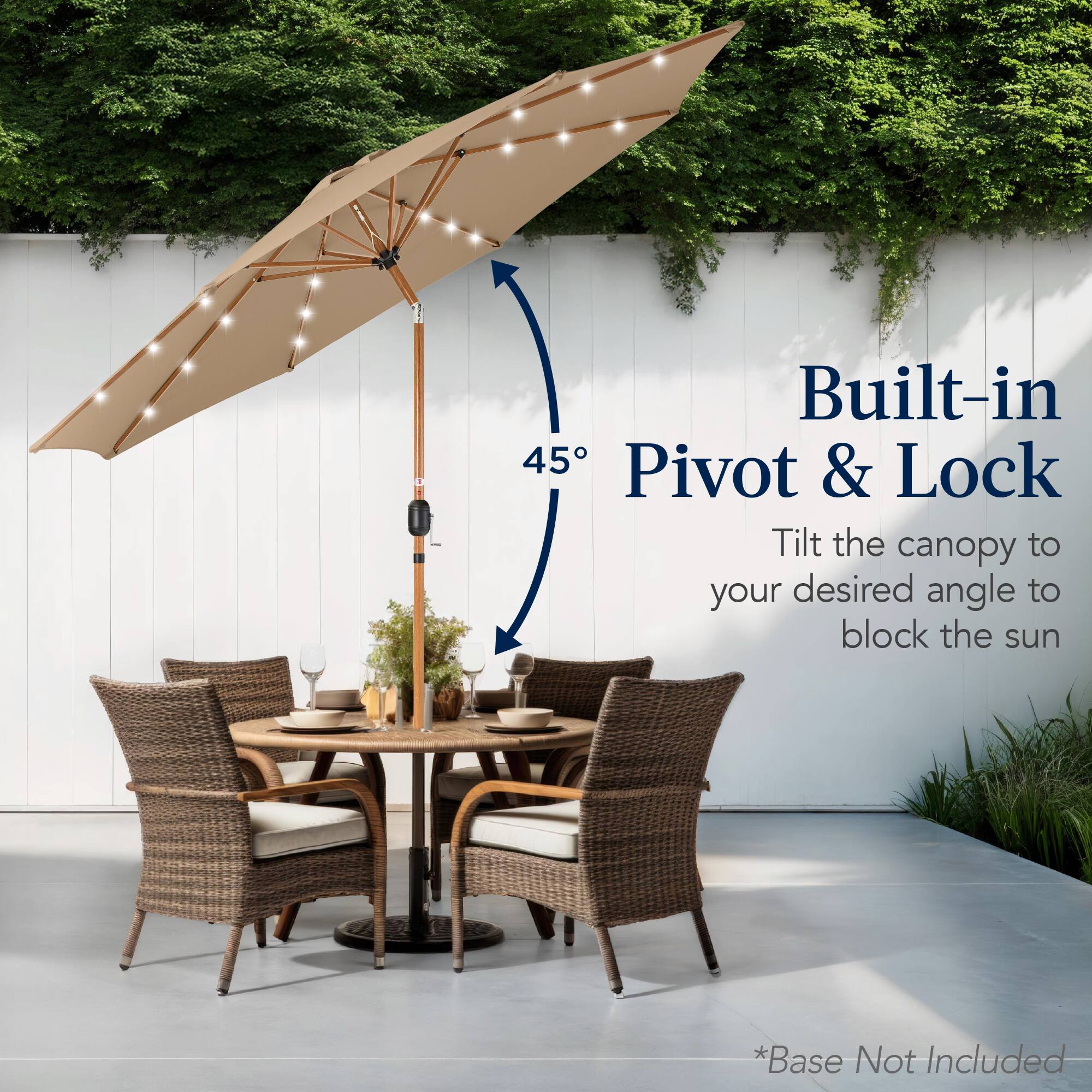 Built-in 45° Pivot & Lock: Tilt the canopy to your desired angle to block the sun. *Base Not Included