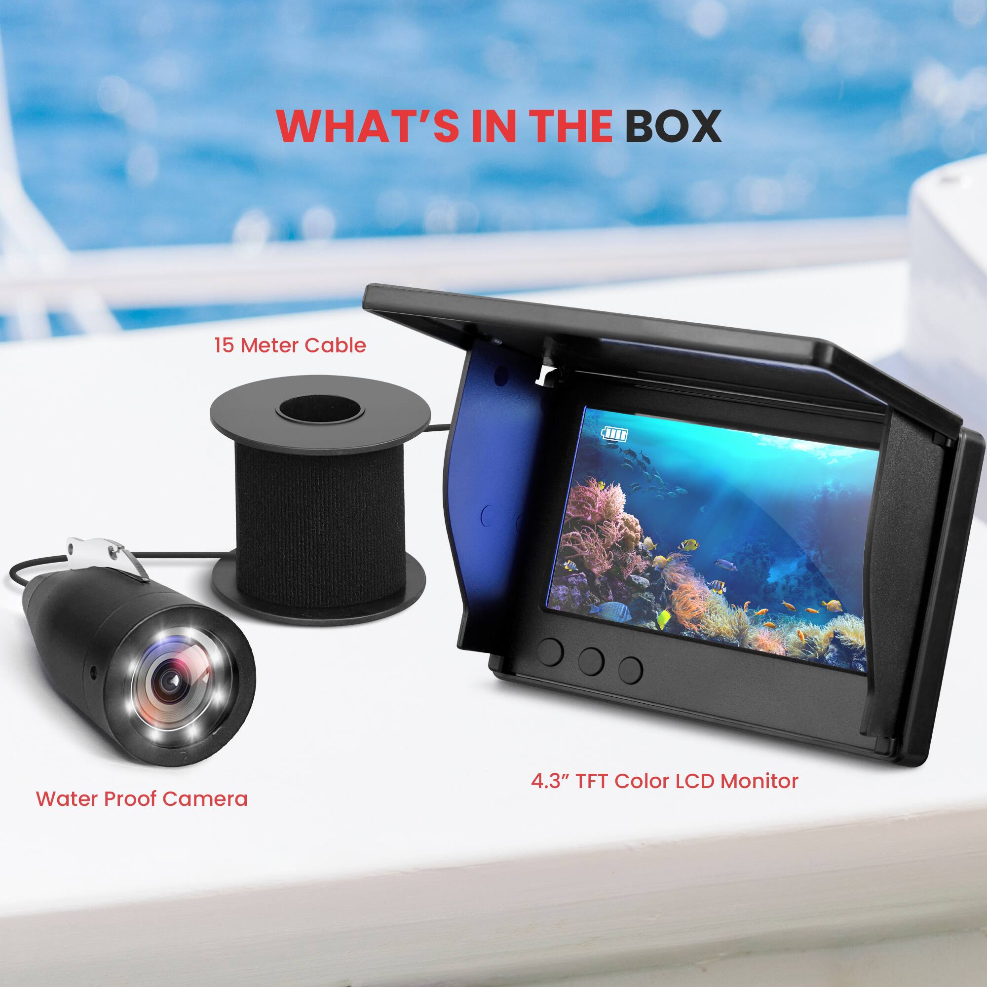 WHAT'S IN THE BOX

- 15 Meter Cable
- Water Proof Camera
- 4.3" TFT Color LCD Monitor