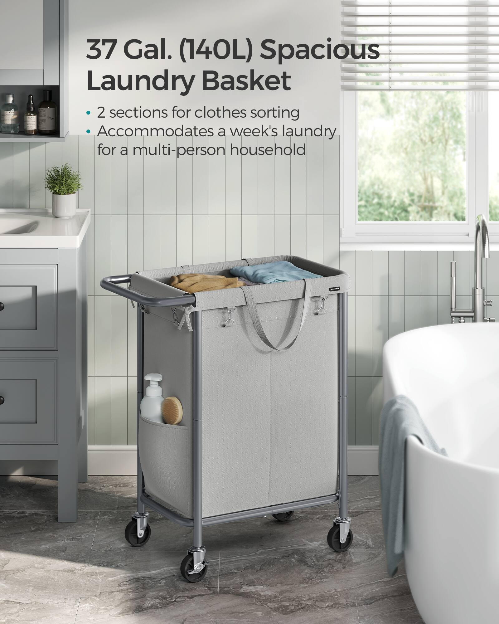 37 Gal. (140L) Spacious Laundry Basket

- 2 sections for clothes sorting
- Accommodates a week's laundry for a multi-person household