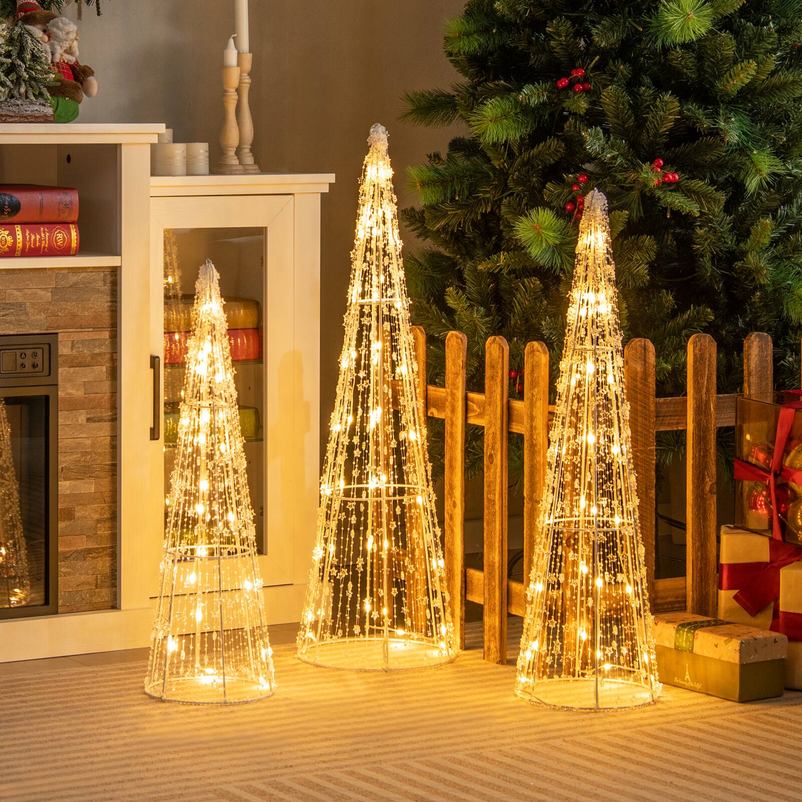 Alt View 1. Gymax - Gymax Set of 3 Lighted Christmas Cone Trees Glittered Christmas Tree Decoration - White.