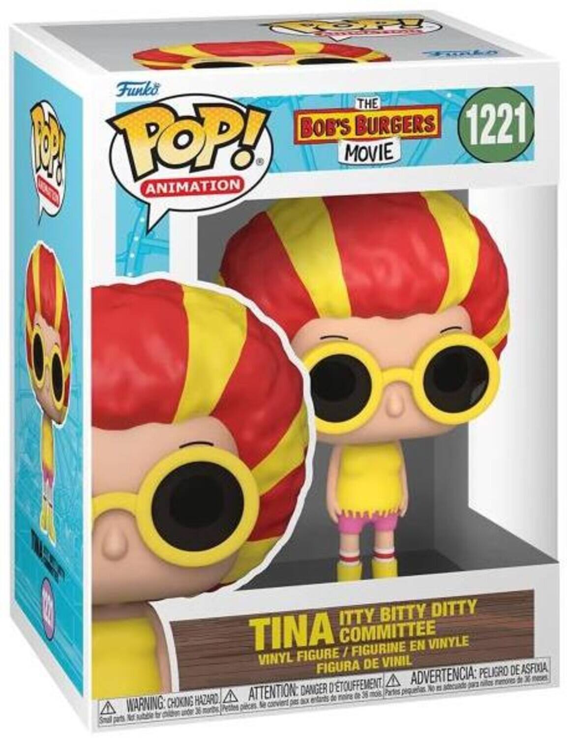 Sure, here is the corrected and grouped text from the image:

---

**Funko POP! Animation**

**The Bob's Burgers Movie**

**1221**

**Tina Itty Bitty Ditty Committee**

**Vinyl Figure / Figurine en Vinyle / Figura de Vinil**

**Warning: Choking Hazard - Small parts. Not for children under 3 years.**

**Advertencia: Peligro de Asfixia - Piezas pequeñas. No es adecuado para niños menores de 3 años.**

**Attention: Danger d'Étouffement - Petites pièces. Ne convient pas aux enfants de moins de 3 ans.**

---