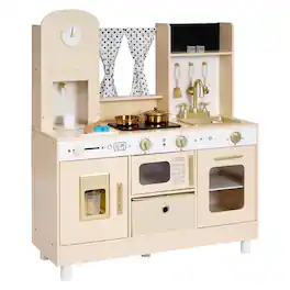 VEVOR - Play Kitchen for Kids, Wooden, Kids Kitchen Playset with Realistic Lights & Sounds, Food & Cookware - Beige