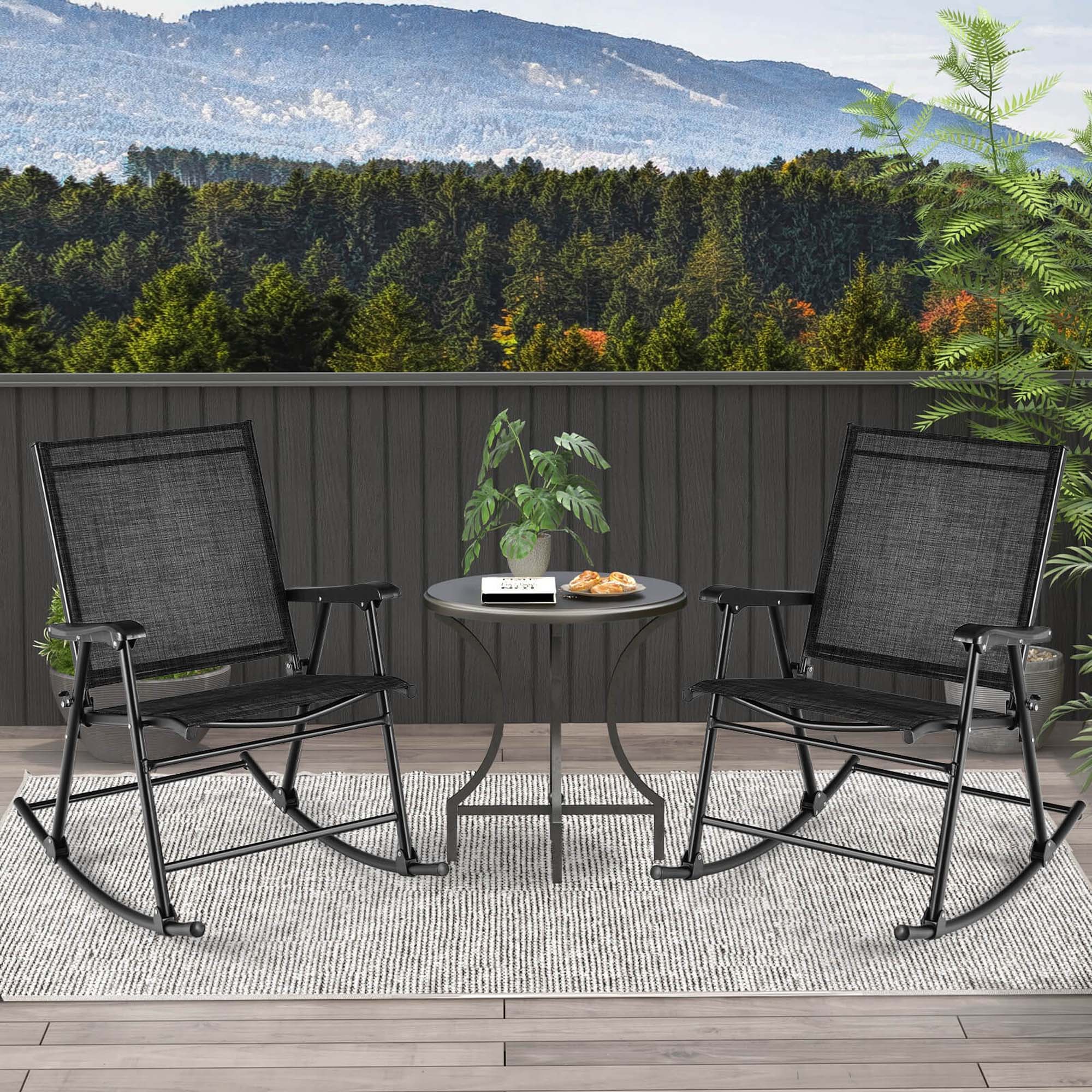 Angle. Costway - 2 PCS Patio Folding Rocking Chair Heavy-Duty Metal Frame Rockers Outdoor - Black.