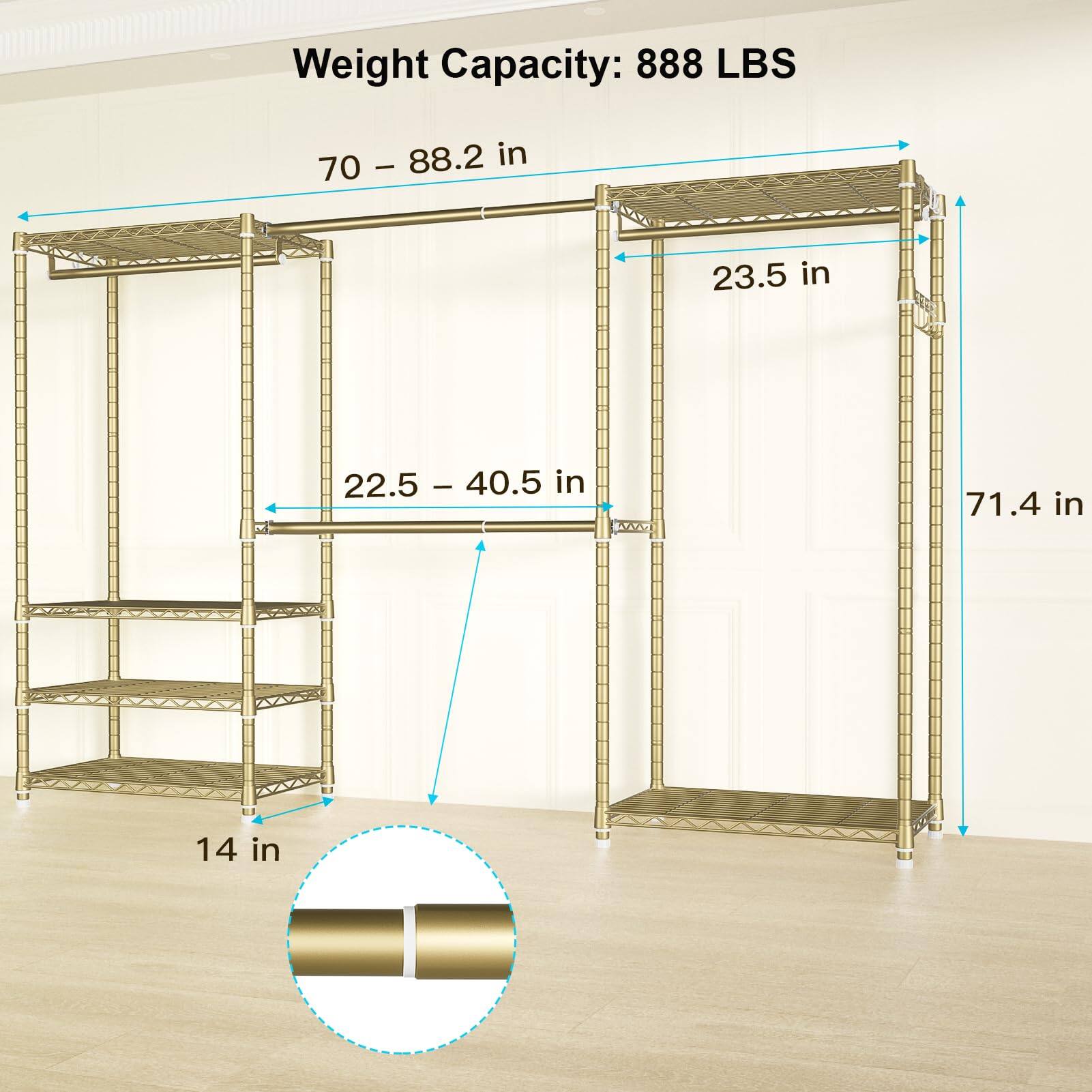 Weight Capacity: 888 LBS

70 – 88.2 in

23.5 in

22.5 – 40.5 in

71.4 in

14 in