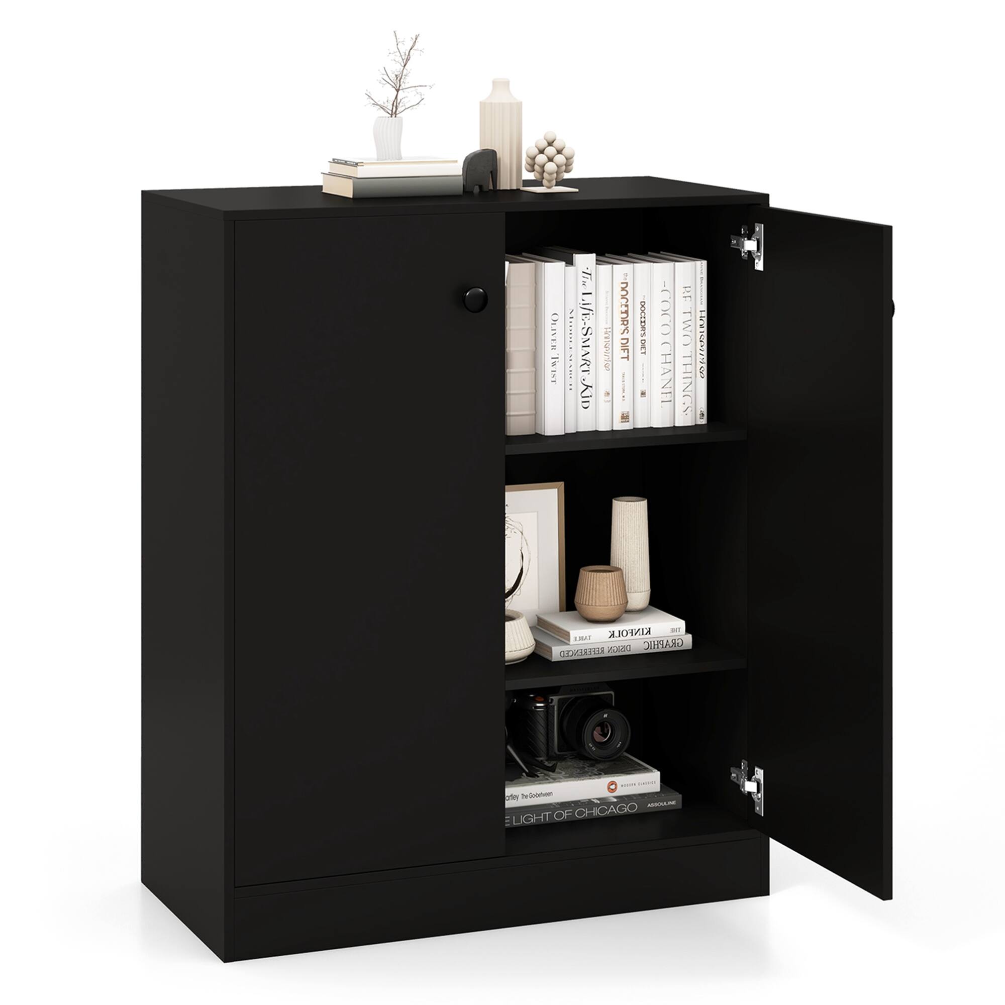 Costway - 2-Door Storage Cabinet Freestanding Storage Organizer with 3-Tier Shelf Entryway - Black
