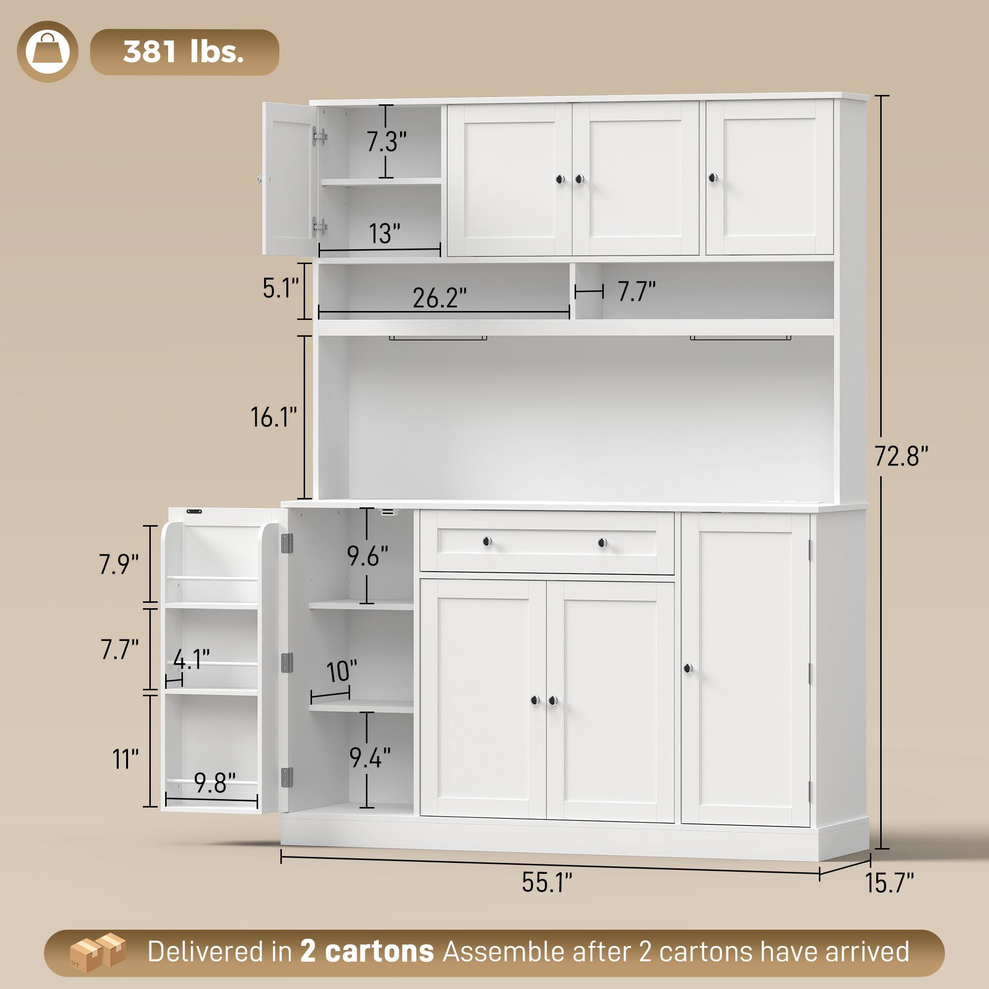 381 lbs.

7.3"
13"
5.1"
26.2"
7.7"
16.1"
72.8"
7.9"
9.6"
7.7"
4.1" H
10"
11"
9.8"
9.4"
55.1"
15.7"

Delivered in 2 cartons. Assemble after 2 cartons have arrived