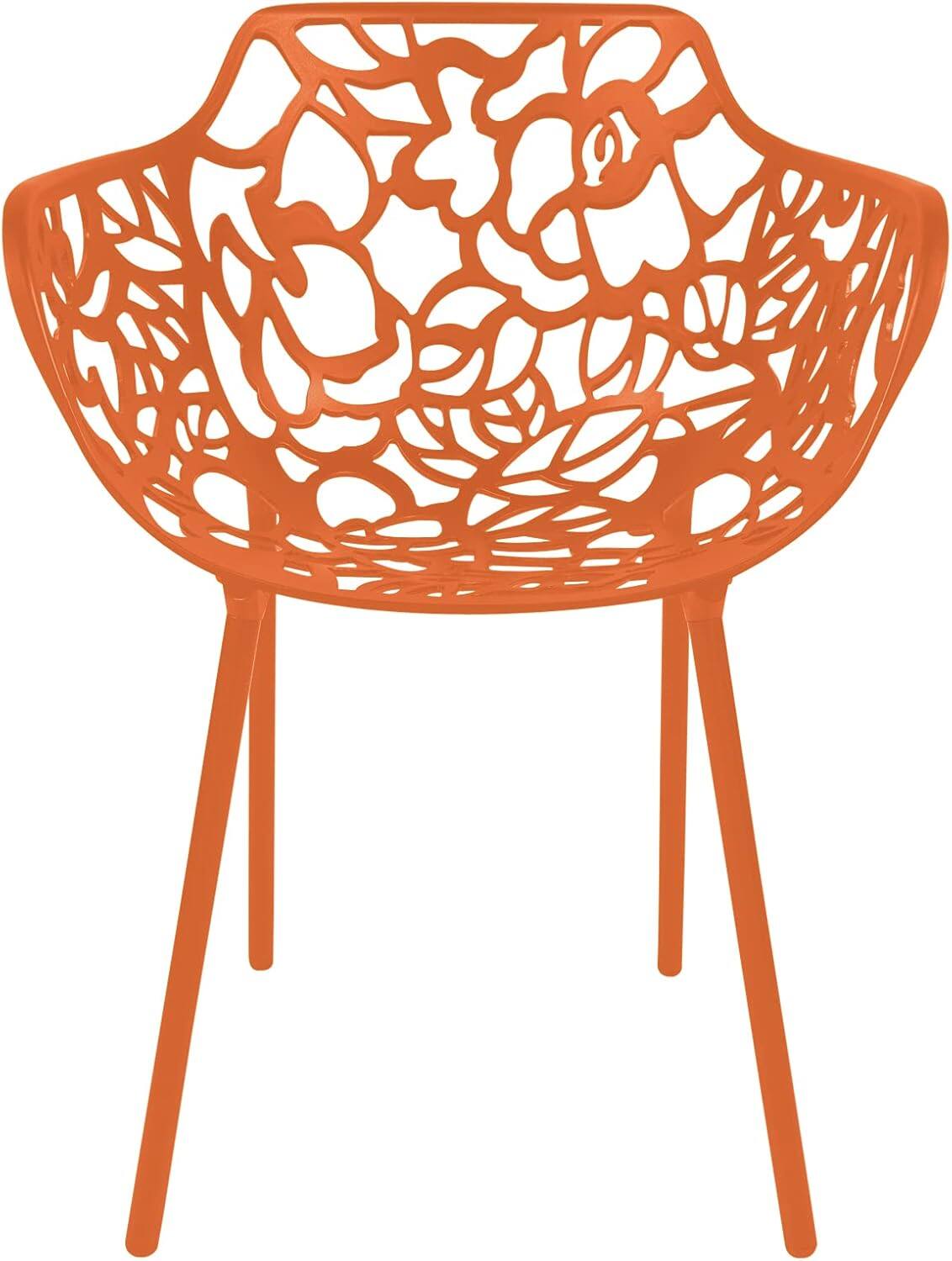 Left. LeisureMod - Devon (Set of 4) Aluminum Outdoor Dining Chair - UV & Rust Resistant Stackable Floral Accent Chair - Orange.