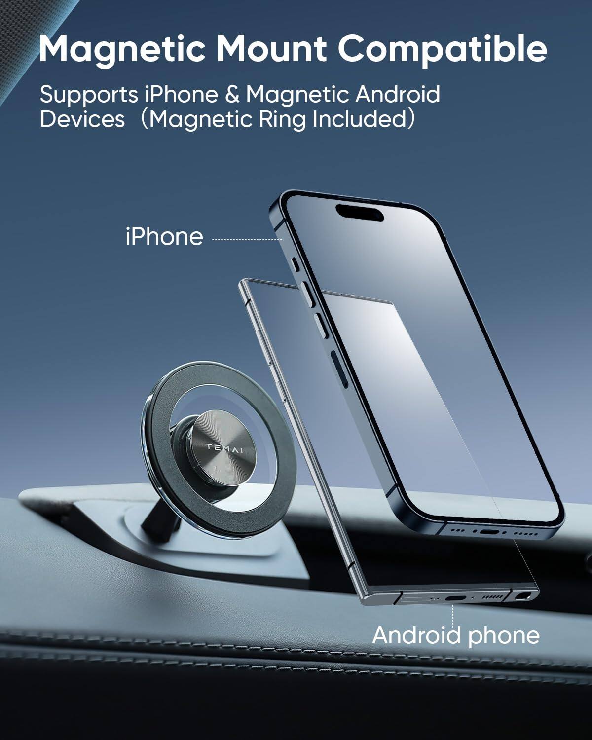 Magnetic Mount Compatible  
Supports iPhone & Magnetic Android Devices (Magnetic Ring Included)  

iPhone  
Android phone