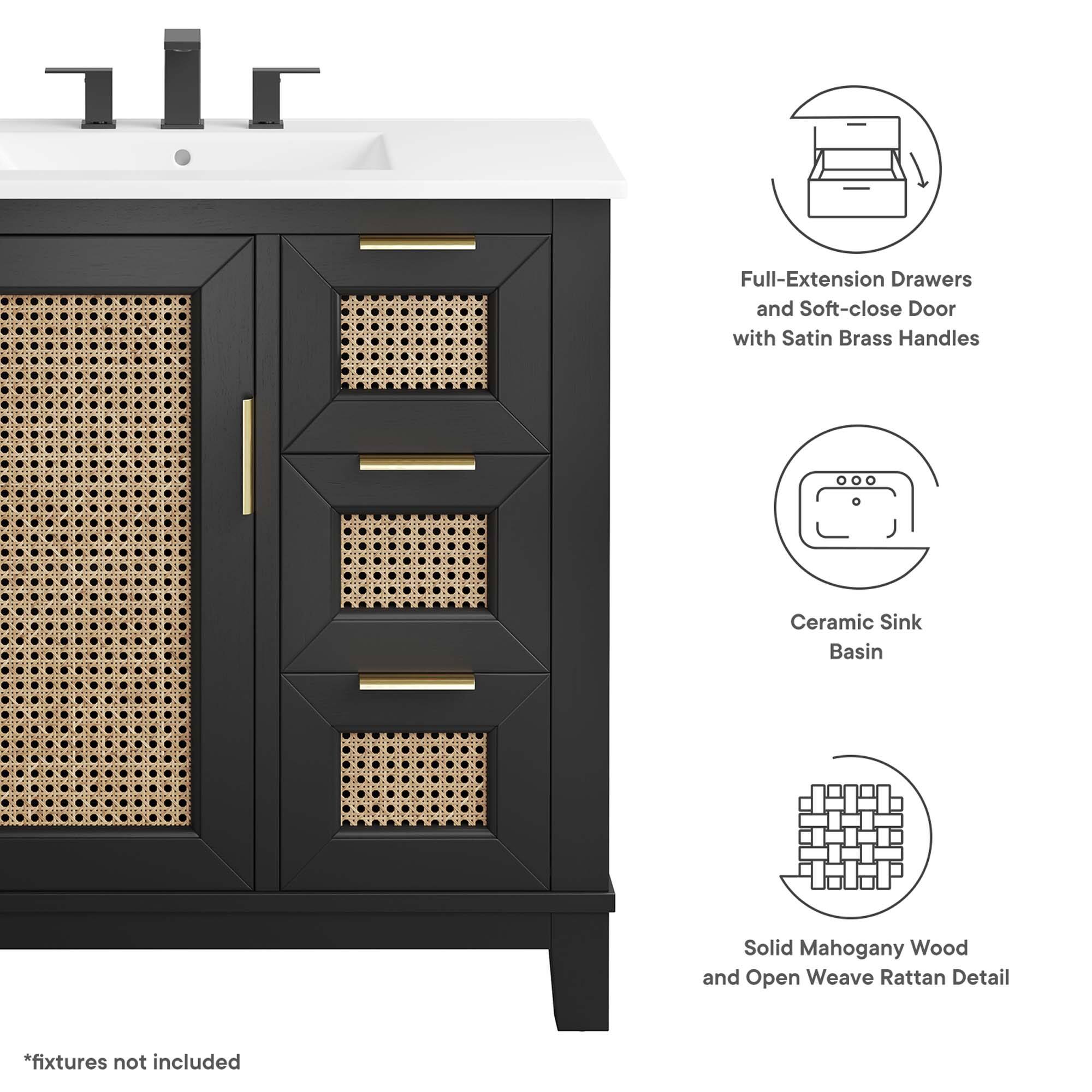 Full-Extension Drawers and Soft-close Door with Satin Brass Handles  
Ceramic Sink Basin  
Solid Mahogany Wood and Open Weave Rattan Detail  
*fixtures not included