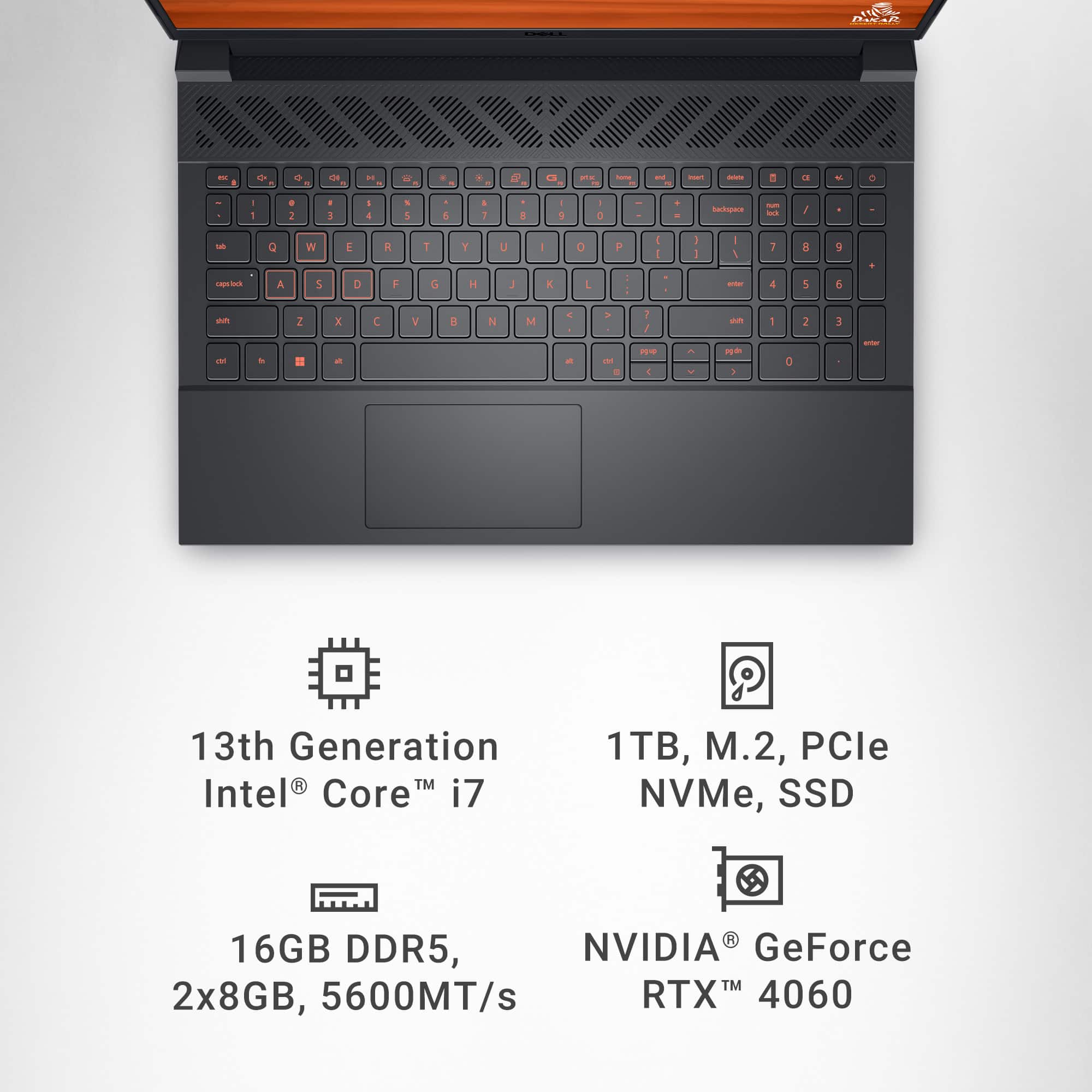 The text on the image reads:
13th Generation Intel Core i7
1TB, M.2, PCle NVMe, SSD
16GB DDR5
NVIDIA GeForce 2x8GB
5600MT/s RTX 4060