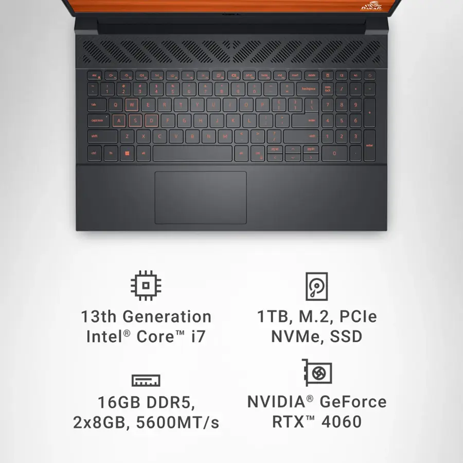The text on the image reads:

13th Generation Intel Core i7
1TB, M.2, PCle NVMe, SSD
16GB DDR5
NVIDIA GeForce 2x8GB
5600MT/s RTX 4060
