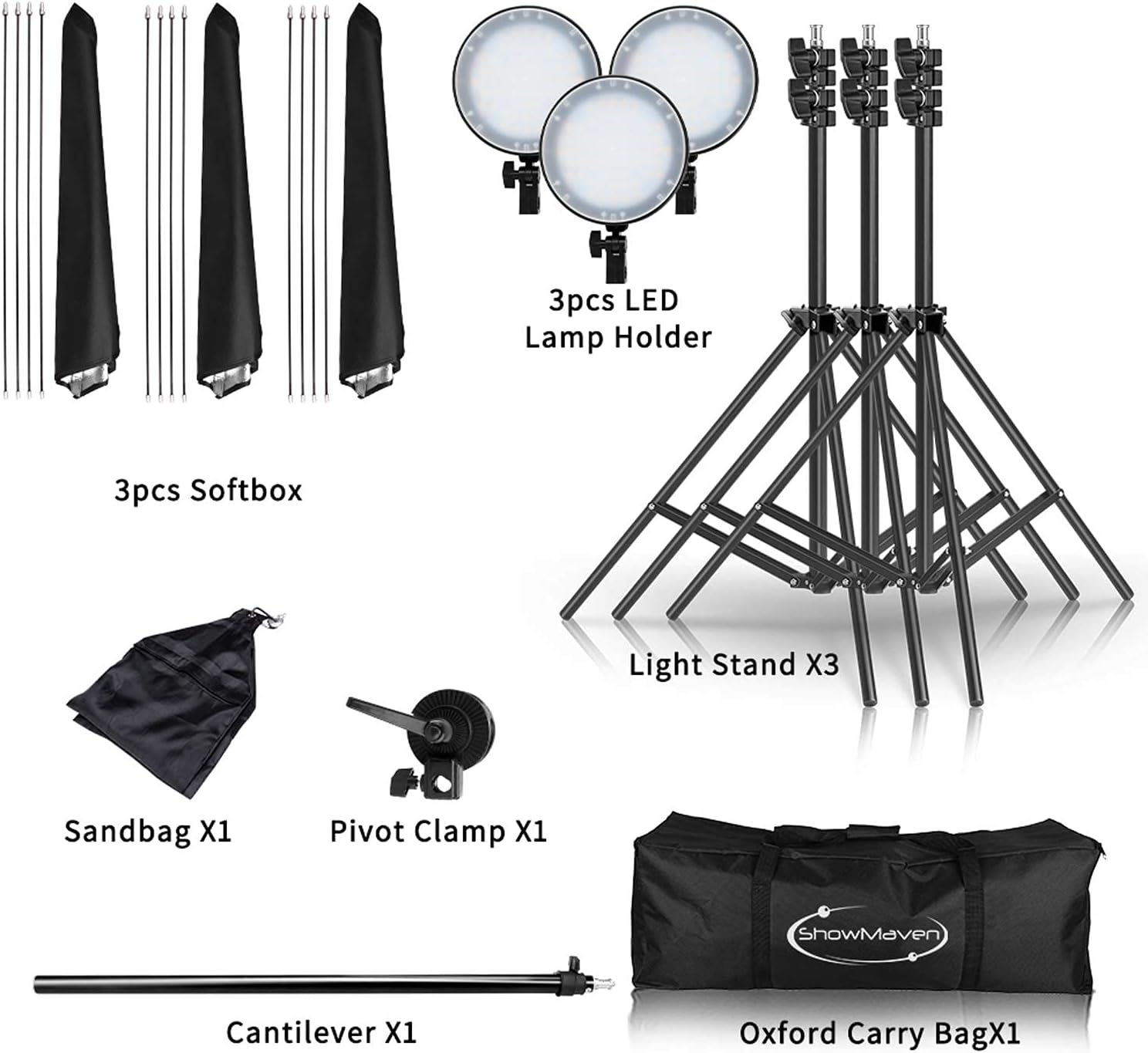 3pcs LED Lamp Holder  
3pcs Softbox  
Light Stand X3  
Sandbag X1  
Pivot Clamp X1  
Cantilever X1  
Oxford Carry Bag X1