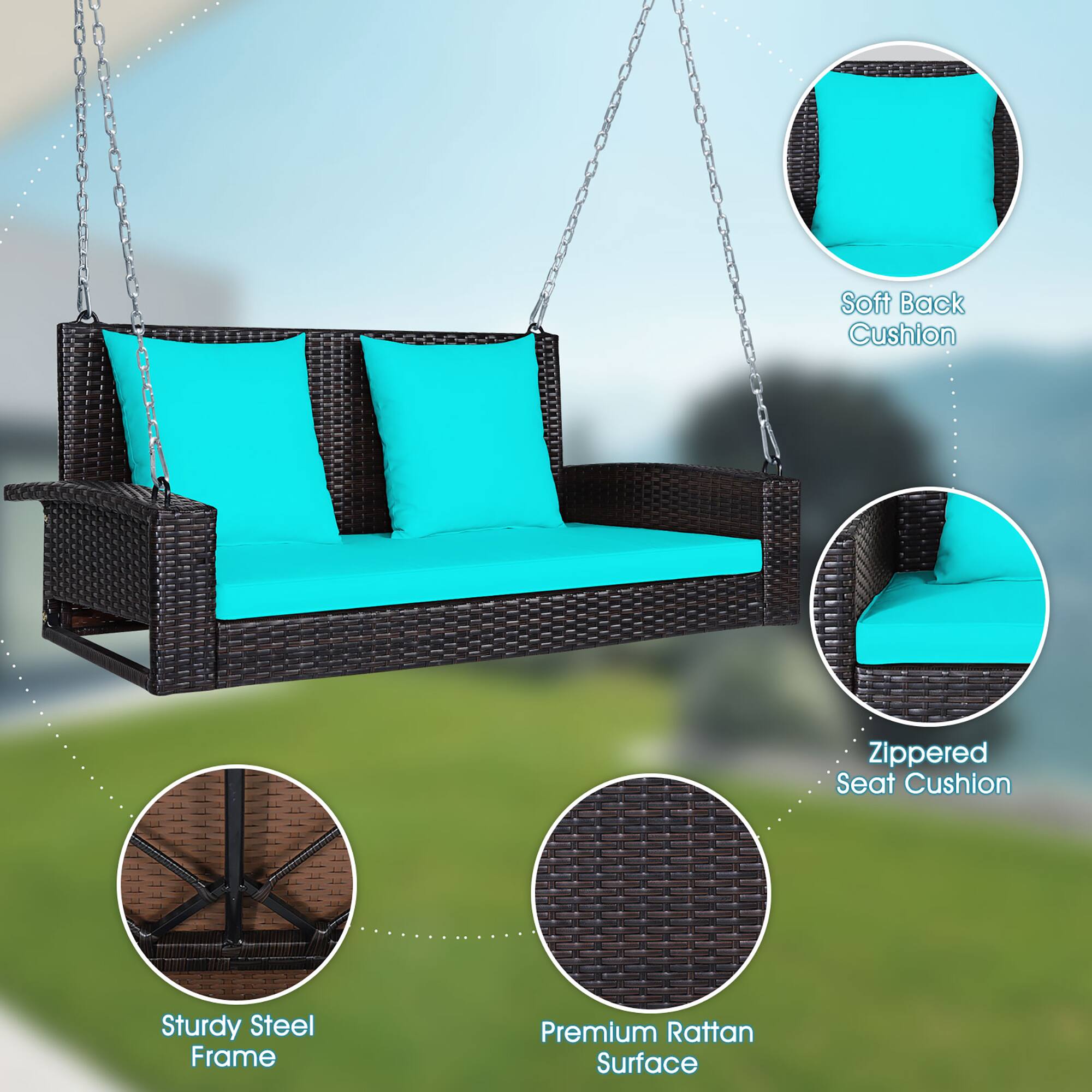 - Soft Back Cushion
- Zippered Seat Cushion
- Sturdy Steel Frame
- Premium Rattan Surface