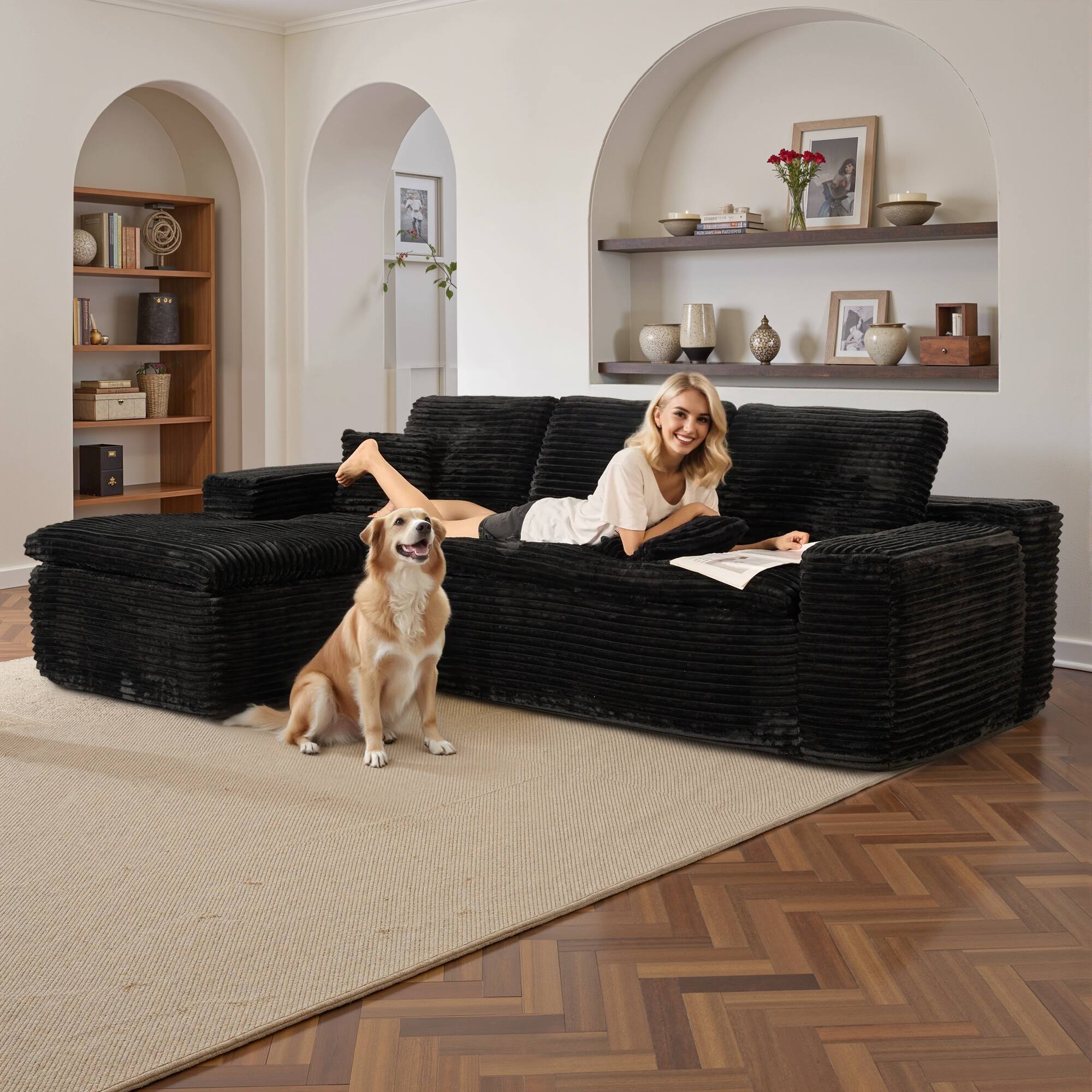Alt View 1. Ovios - 2 Piece Cloud-Like Sectional Sofa, L-Shaped Couch with Left Facing Chaise for Living Room - Black - Black(Plush Corduroy).